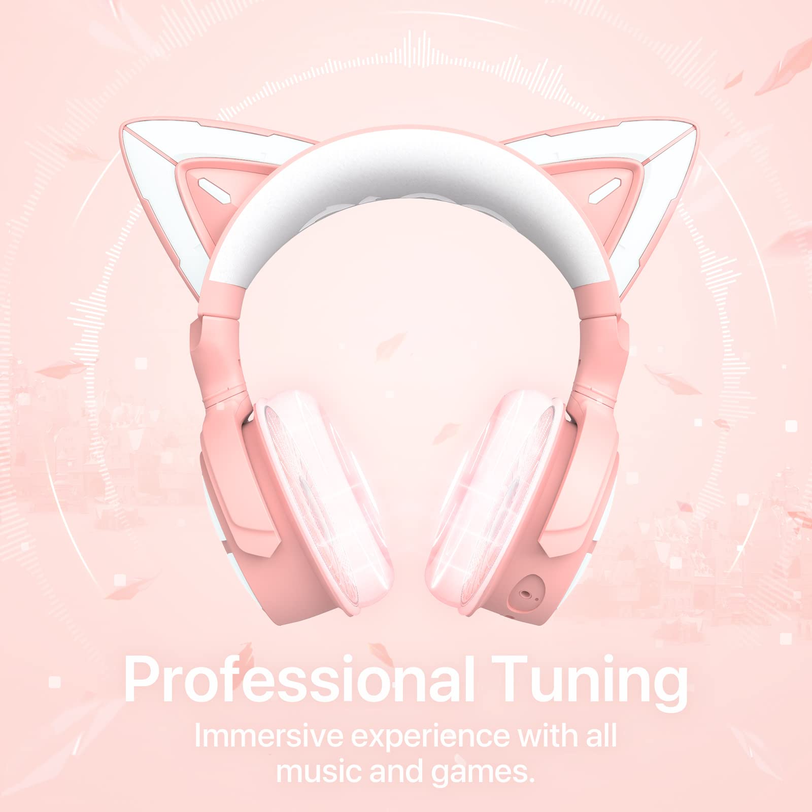 YOWU RGB Cat Ear Headphones 4 - Upgraded Wireless & Wired Gaming Headset with Detachable HD Mic, Active Noise Cancelling, Dual-Channel Stereo & Customizable LED Effects via App (Pink) - Perfect for Gaming, Streaming, Music & Cosplay