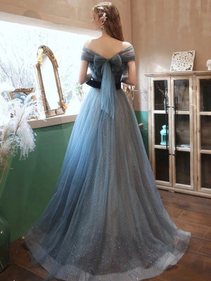 Elegant Off Shoulder Blue Tulle Prom Dress - A-Line Long Formal Evening Gown for Homecoming, Wedding & Special Occasions | Style 637