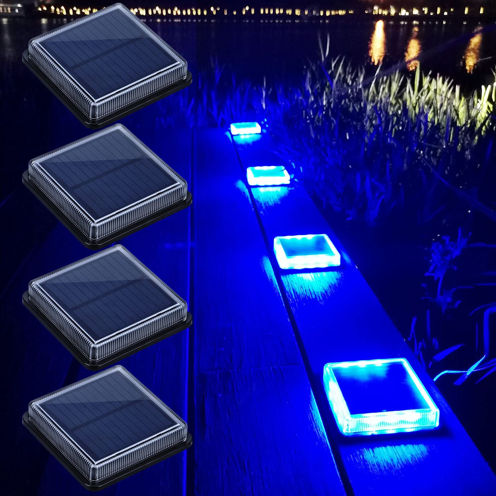 Lacasa 4-Pack Blue Solar Deck Lights - Dusk to Dawn Large Battery Step Lights, Waterproof Solar Powered LED Dock Lights for Outdoor Garden, Stairs, Driveway, Walkway, Pathway & Warning Lighting - Perfect for Patio, Backyard, Poolside & Landscape Illumination