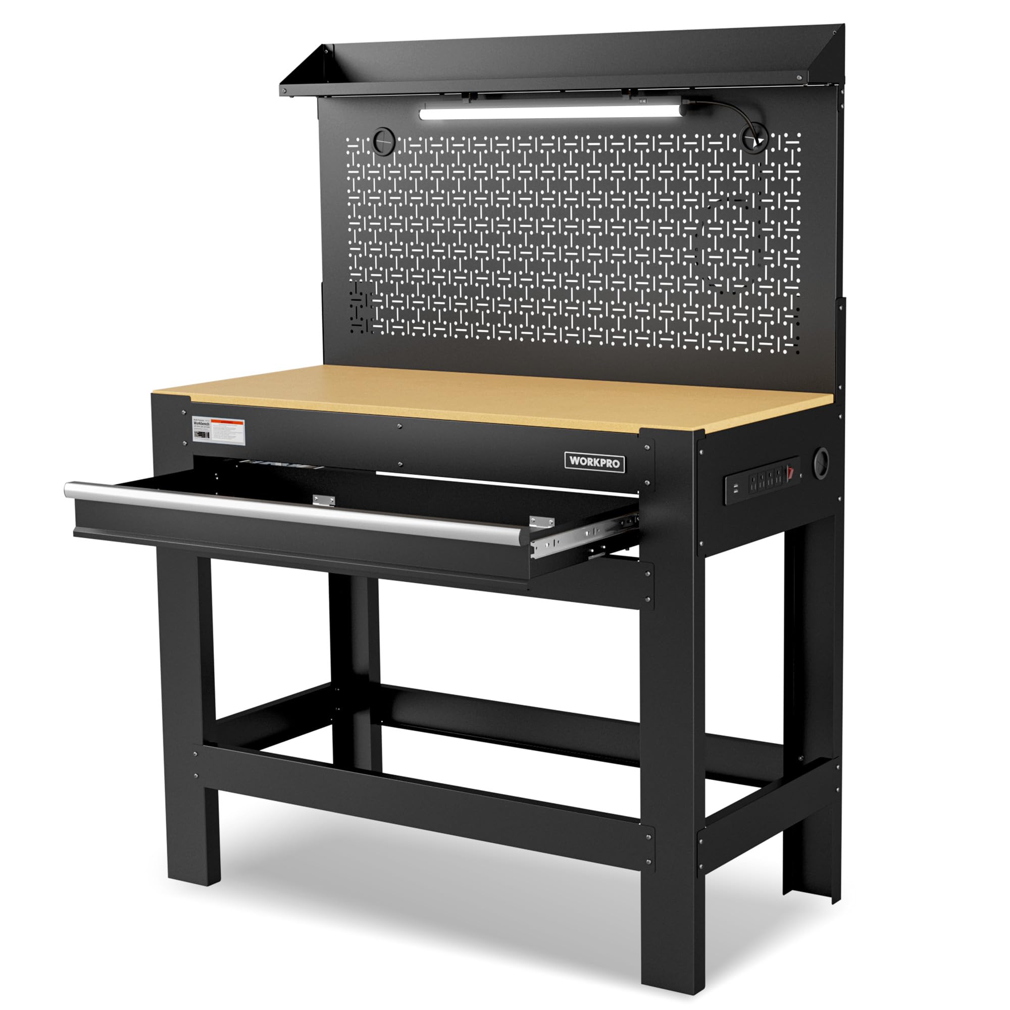 WORKPRO 45-Inch Heavy-Duty Garage Workbench with Storage, Pegboard, Power Outlets & LED Light - 800 lbs Capacity Work Table for DIY, Woodworking, Home Workshop & Garage Organization