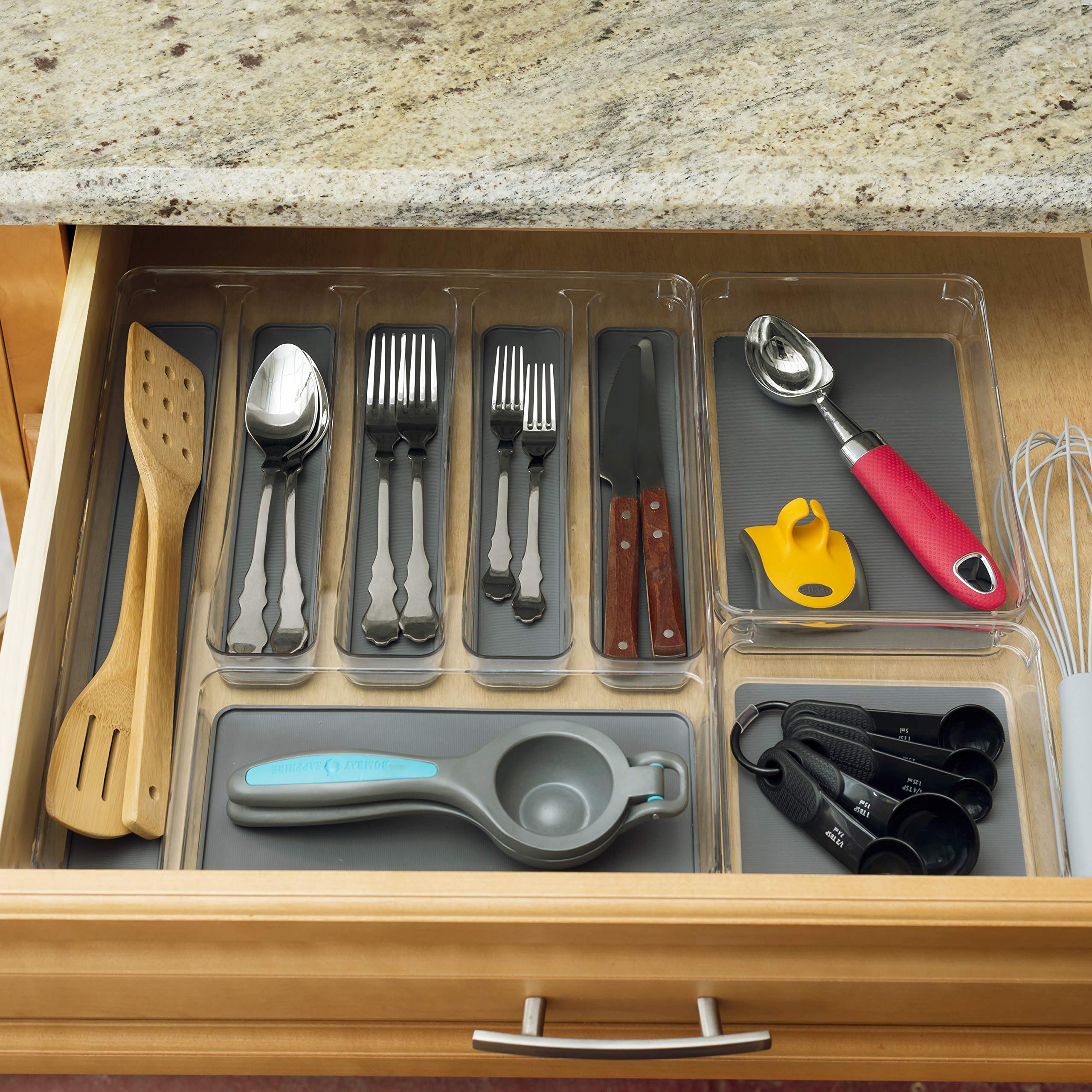 Clear Plastic Drawer Organizer with Non-Slip Rubber Base - Soft-Grip Lining & Rubber Feet for Secure Storage - Ideal for Kitchen Utensils, Office Supplies & Bathroom Organization