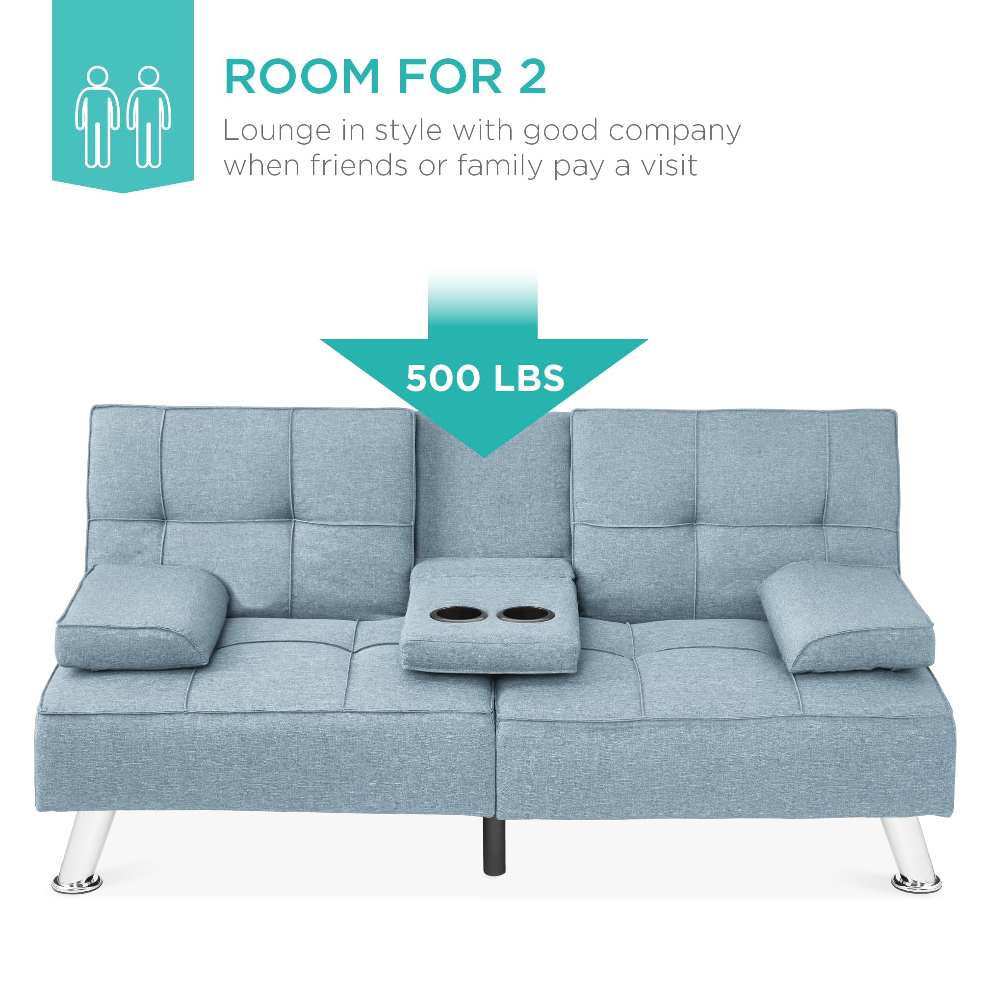 Best Choice Products Modern Folding Futon Sofa Bed - Light Blue Linen Reclining Convertible Couch with Removable Armrests & 2 Cup Holders - Perfect for Small Apartments, Dorm Rooms, Guest Rooms and Home Offices