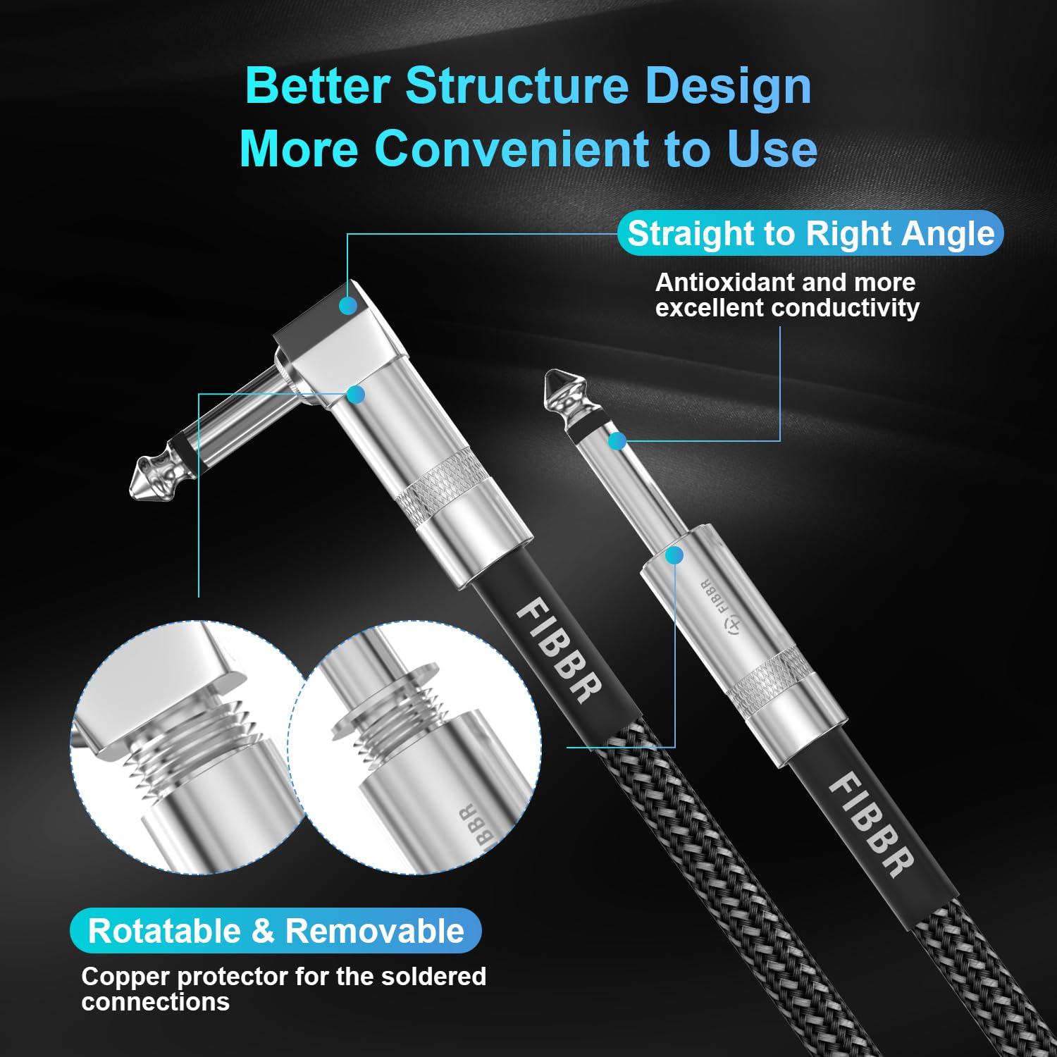 FIBBR 10ft Right Angle 1/4 Inch Instrument Cable (2-Pack) - Professional Guitar Cable for Electric Bass, Mandolin & Pro Audio Equipment - Perfect for Live Performances, Studio Recording & Home Practice