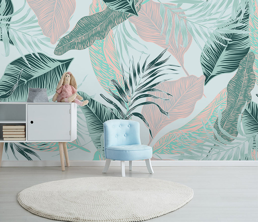 Beige and Green Leaves Tropical Wallpaper Murals - Self-Adhesive Peel & Stick Wallpaper for Bedroom, Living Room, Nursery - Boho Jungle Theme Home Decor