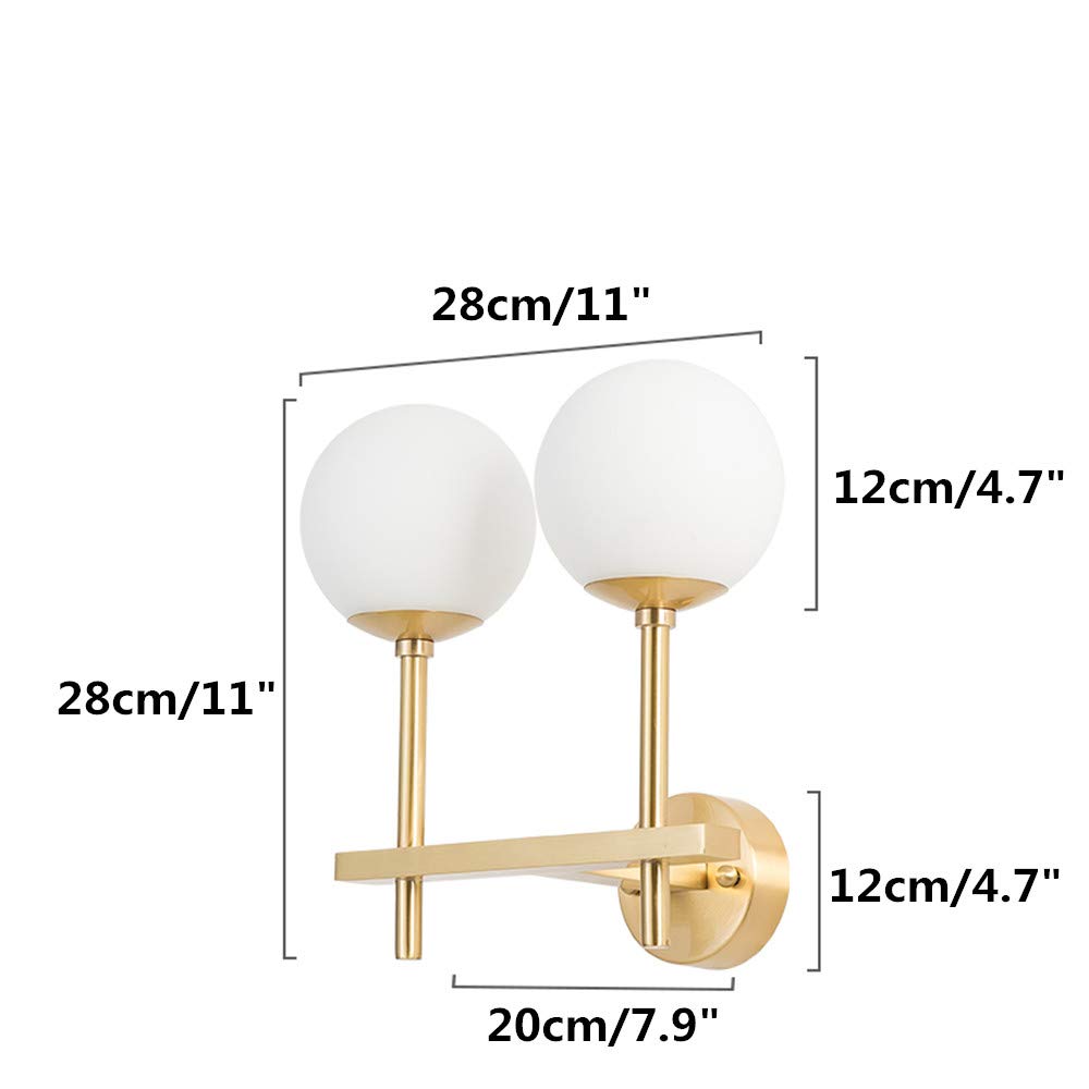 Luxury Glass White Ball Wall Lamp - Modern Wall Mounted Light Fixture with Antique Brass Finish - 2-Light Wall Sconce for Living Room, Bedroom, Bathroom & Hallway - Elegant Ambient Lighting for Home Decor & Interior Design