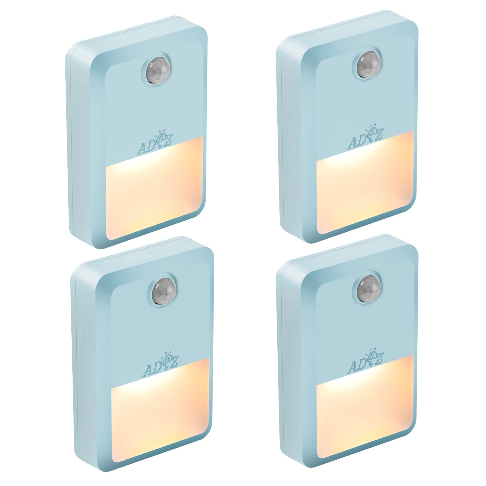 Battery Powered Motion Sensor Night Light - 4 Pack Stick On Wall Lights with Dusk to Dawn Sensor, Auto LED Nightlight for Bathroom, Toilet, Stairs, Hallway, Nursery (Blue) - Perfect for Safe Nighttime Navigation & Kids' Rooms