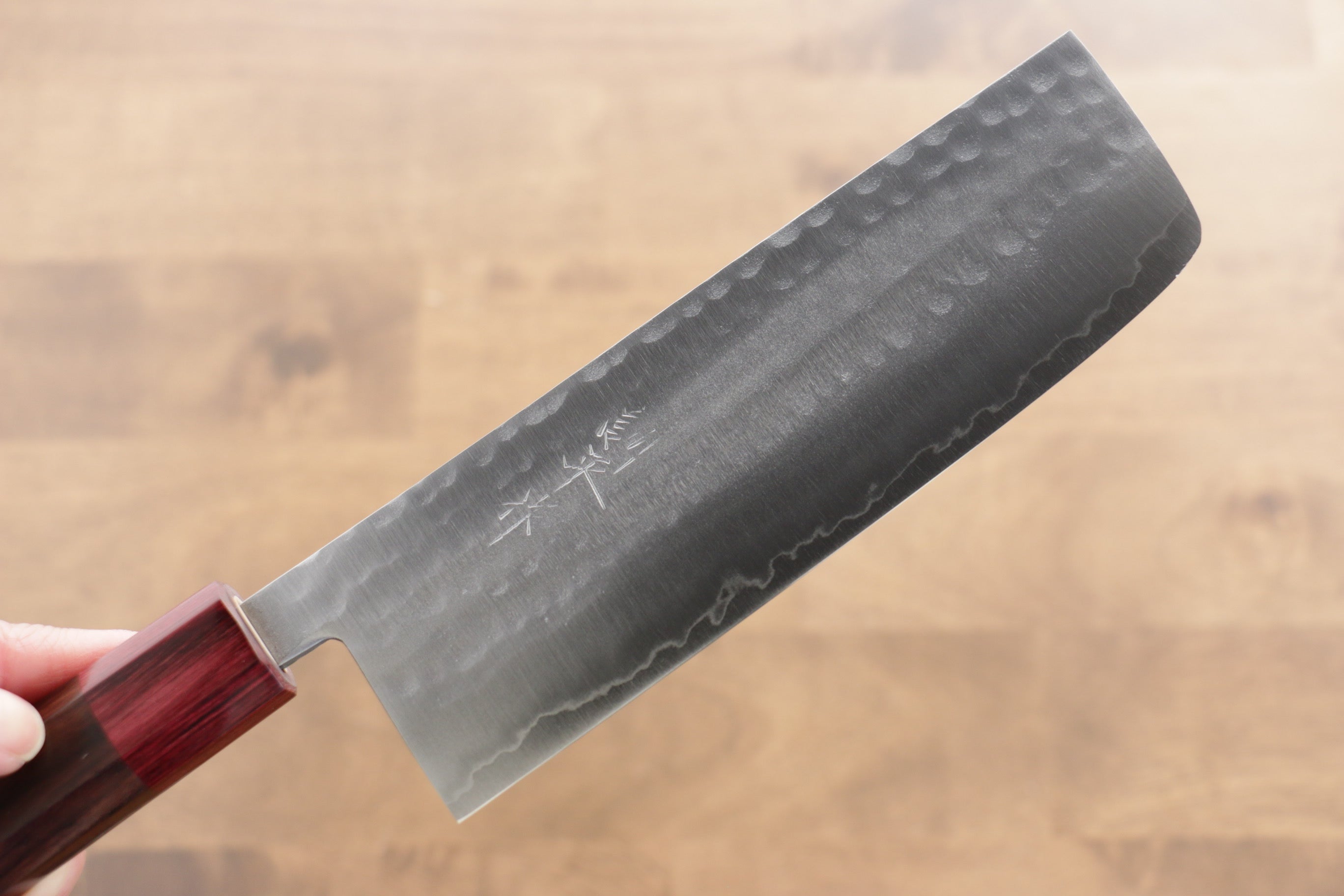 Kunihira VG1 Hammered Nakiri Knife 165mm - Japanese Kitchen Knife with Shitan Handle & Red Pakka Wood Ferrule - Perfect for Slicing Vegetables, Herbs & Sushi Prep