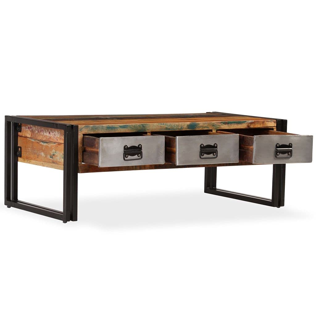 Industrial Coffee Table with 3 Drawers - Solid Reclaimed Wood Cocktail Table, 39.4
