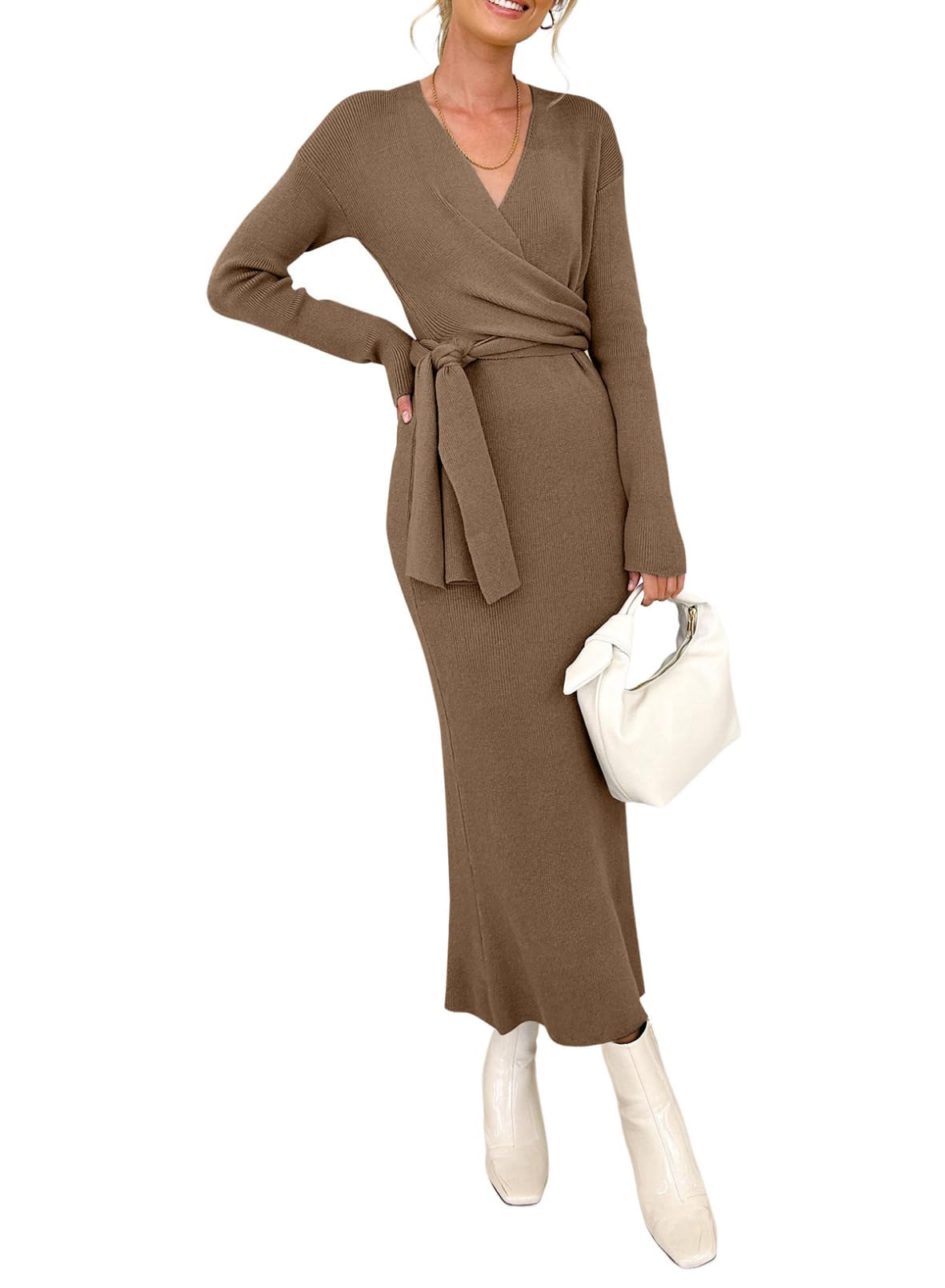 Happy Sailed Women's Knit Dress - Spring Long Sleeve Wrap V-Neck Tie Waist Ribbed Sweater Dress for Work, Date Night & Casual Outings