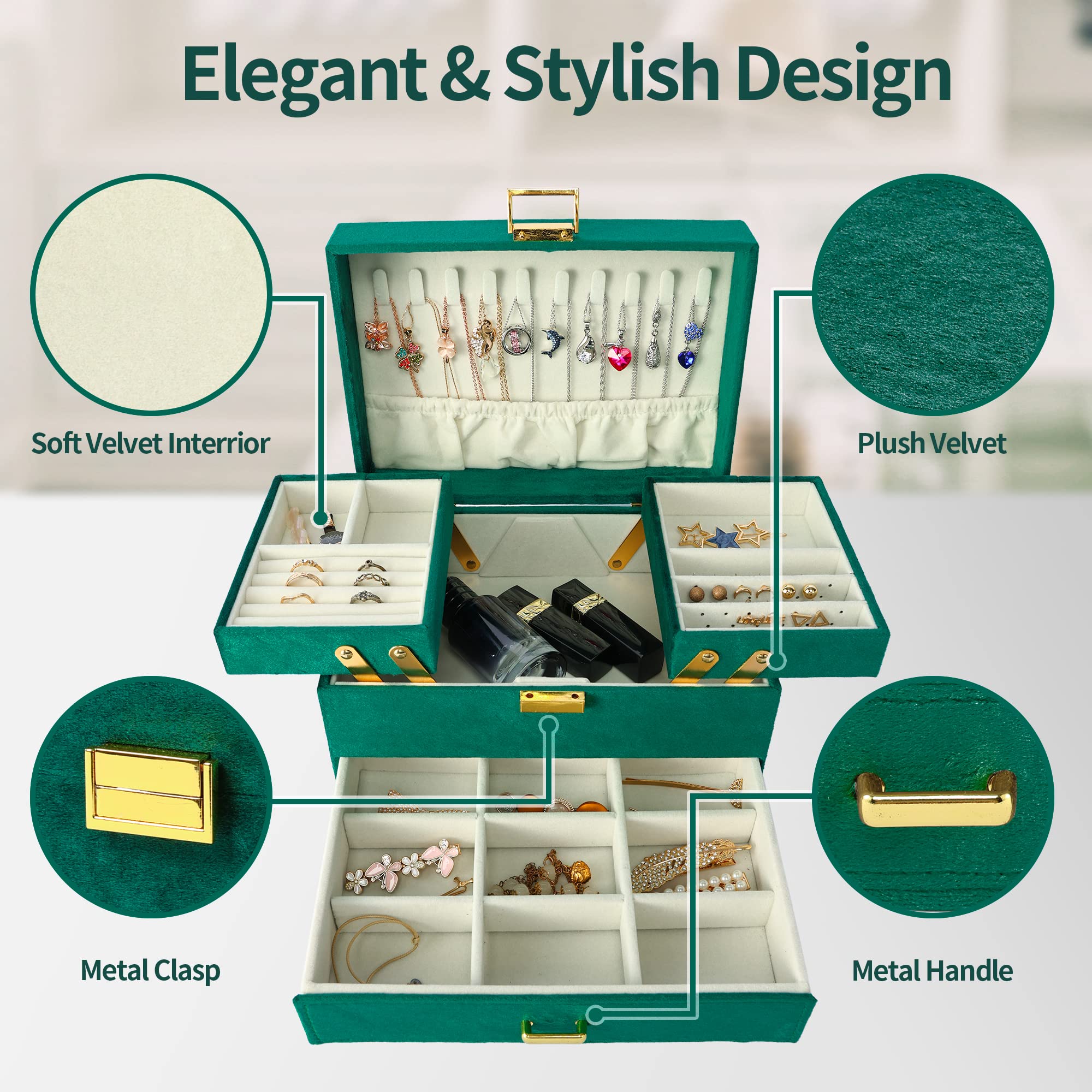 3-Layer Large Velvet Jewelry Organizer Box for Women - Jewelry Storage Case for Earrings, Rings, Necklaces & Bracelets | Green Velvet Jewelry Box | Perfect for Bedroom Dresser, Travel & Gift Giving