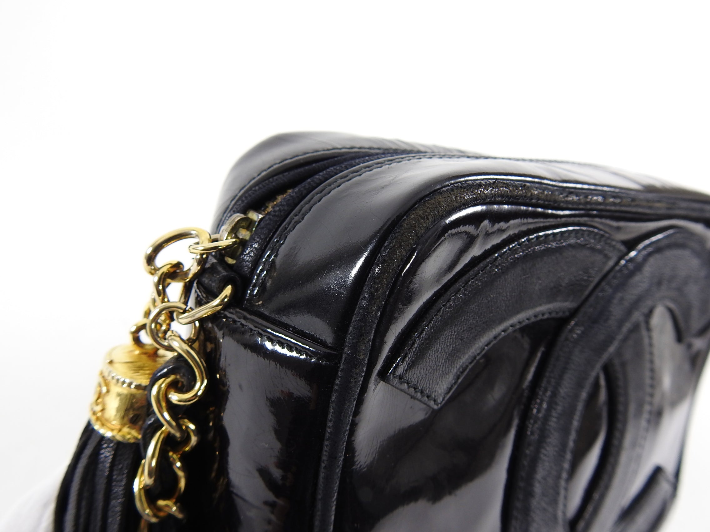 Vintage Chanel 1986 Mini Black Patent Leather CC Logo Camera Crossbody Bag - Perfect for Date Night & Evening Events