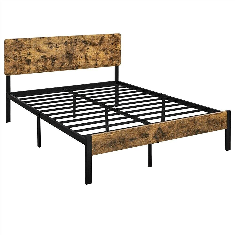 Queen Size Metal Bed Frame with Wooden Headboard & Footboard - Sturdy Mattress Foundation for Bedroom Furniture - Perfect for Master Bedroom, Guest Room, or Dormitory Use