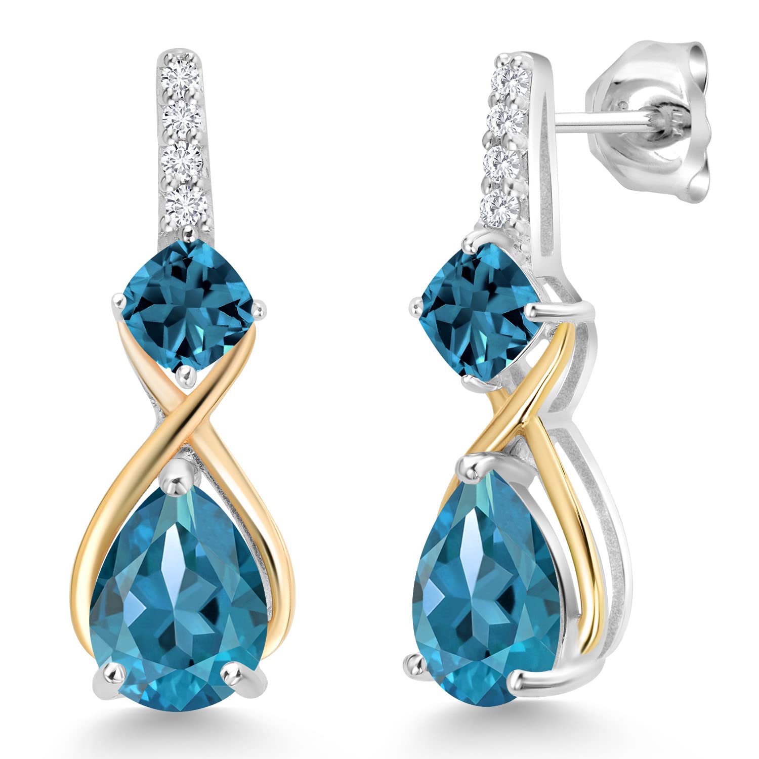 Gem Stone King 925 Sterling Silver & 10K Yellow Gold Birthstone Dangle Earrings with Lab-Grown Diamonds | Pear & Cushion Cut Two-Tone Infinity Drop Earrings for Women | Perfect Gift for Birthday, Anniversary & Special Occasions