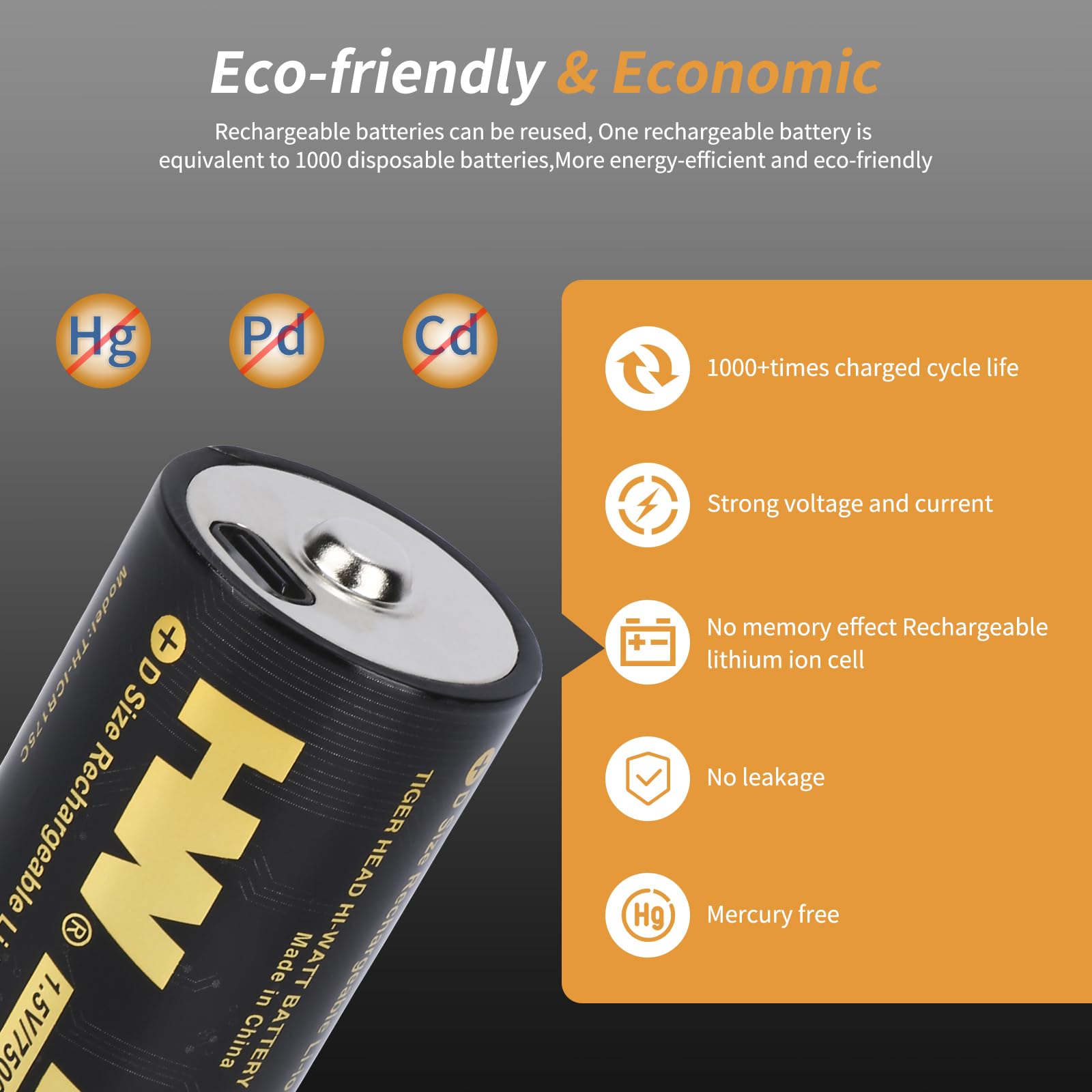 HW Rechargeable D Batteries 4 Pack - 7500mWh Long-Lasting Lithium D Cell Batteries with USB-C Fast Charger (4-in-1 Cable) | 1000+ Charge Cycles | Perfect for Flashlights, Camping Lights, Emergency Kits & Outdoor Gear