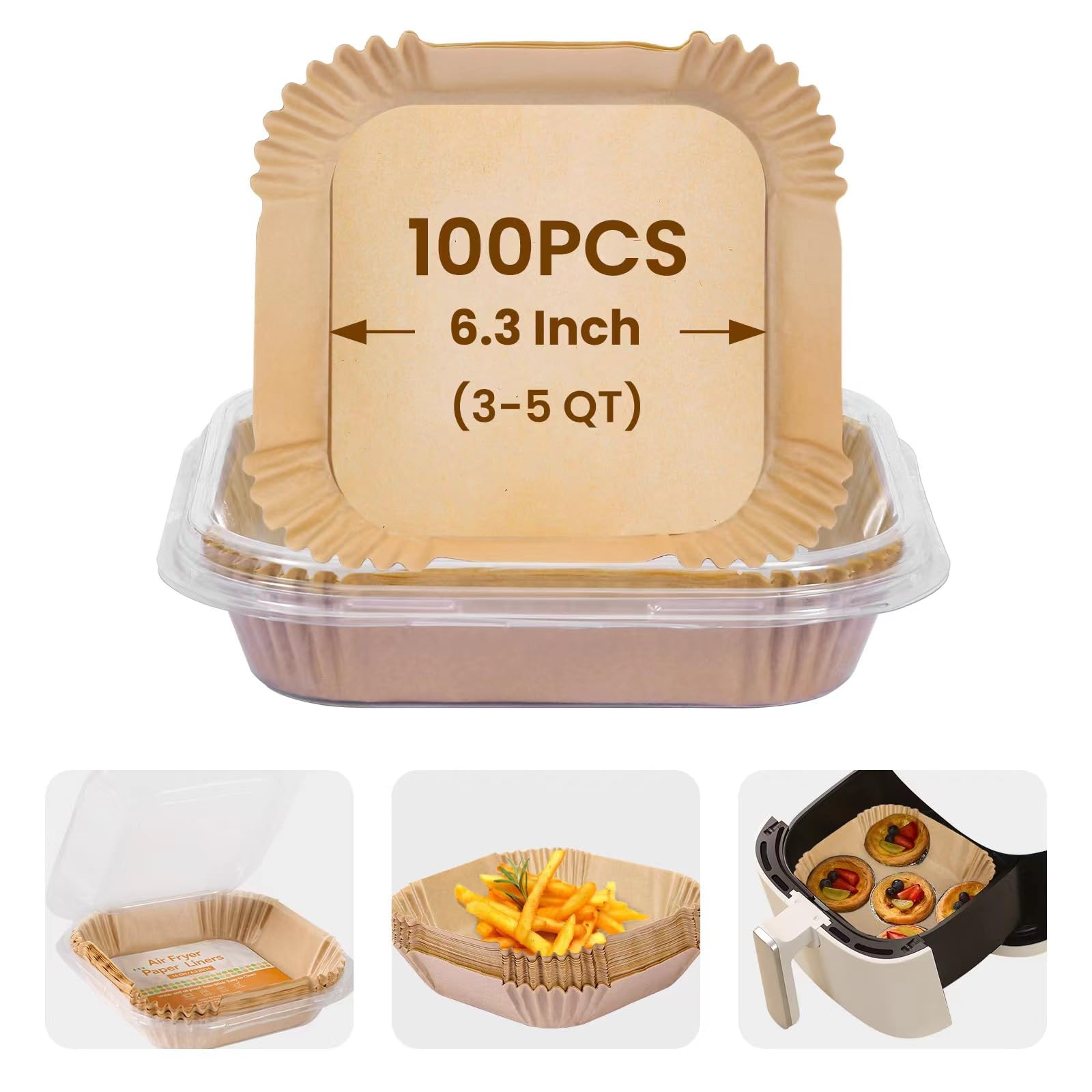 100-Pack Disposable Air Fryer Liners, Non-Stick Parchment Paper Sheets for 2-5QT Air Fryers - Bleach-Free, Microwave Safe (6.3 Inch Square) - Perfect for Roasting, Baking & Reheating Food