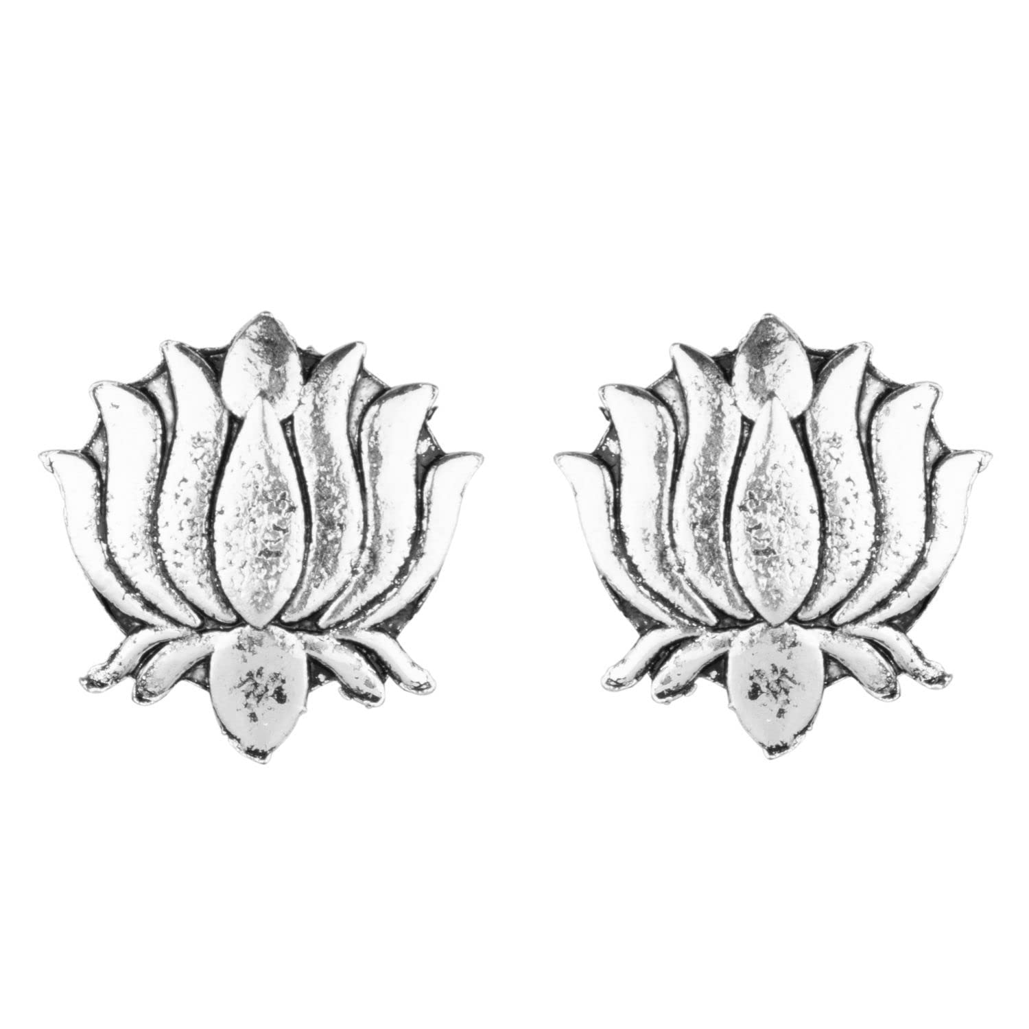 Oxidized Silver Earrings for Women – Boho Vintage Indian Lotus Stud Earrings Set, Antique Ethnic Jewelry | Perfect for Festivals, Weddings & Boho Fashion