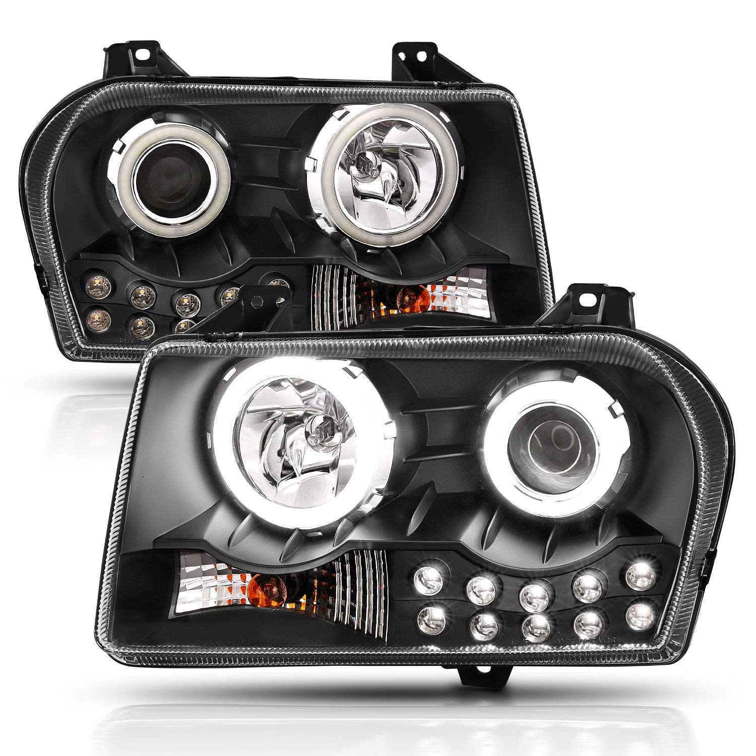 2005-2010 Chrysler 300 Black Replacement Headlight Assembly - Halogen Projector with Super Bright LED Halo & Bulbs (Pair) - Passenger & Driver Side - Improved Night Visibility & Style Upgrade for Daily Driving