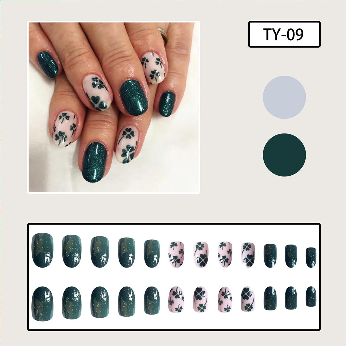 St. Patrick's Day Press on Nails - 24Pcs Short Oval Green Shamrock Fake Nails with Glitter Design | Irish Glue on Nails | Glossy Almond False Nails for Women | Saint Patrick's Day Acrylic Nails Manicure Tips | Perfect for Parties, Festivals & Irish Celebrations