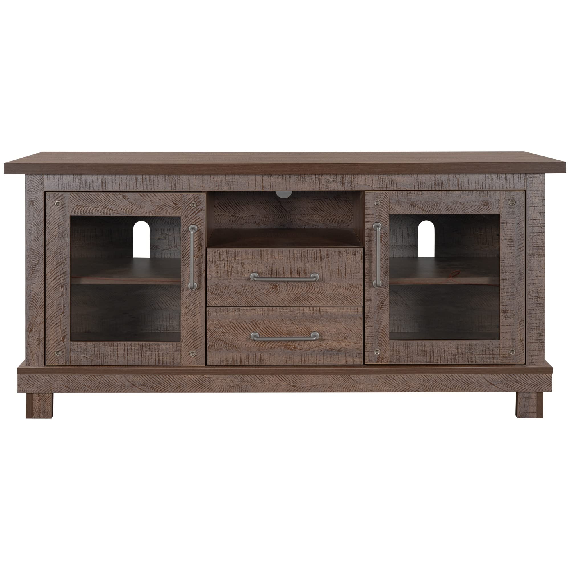 Retro Industrial Vintage TV Stand with 2 Drawers, Open Shelves & Glass Doors - Adjustable Shelf, Barnwood Finish - Perfect for Living Room, Bedroom & Home Theater Setup