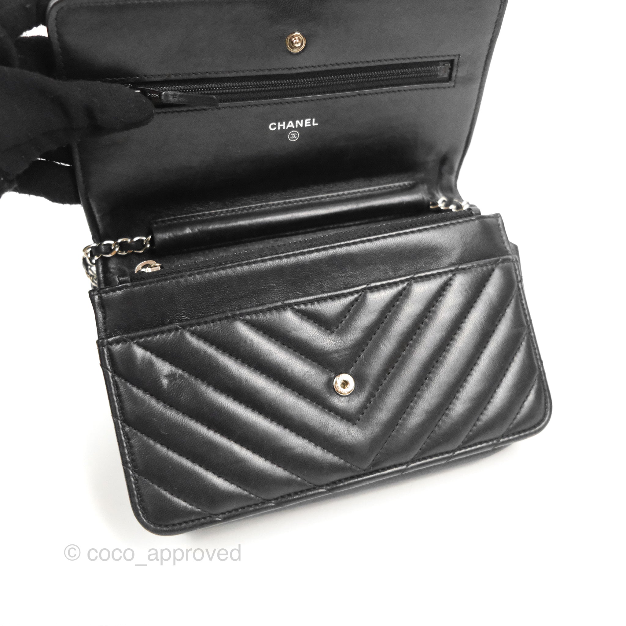 Chanel Classic Chevron Wallet on Chain WOC - Black Lambskin Leather with Silver Hardware | Crossbody Bag for Women, Perfect for Evening Events & Daily Use