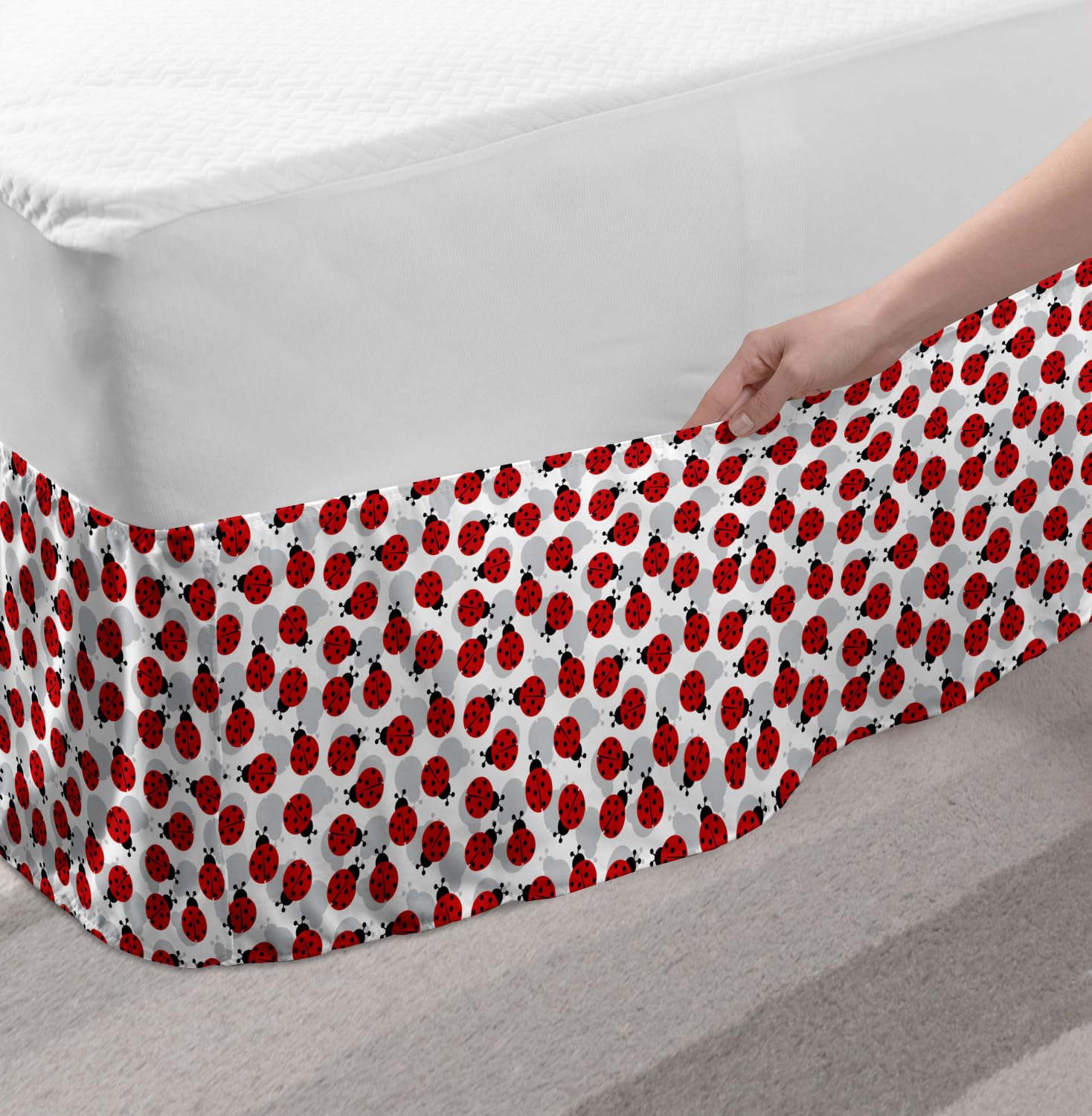 Ambesonne Ladybug Bed Skirt - Spring Polka Dot Insect & Silhouette Design, Wrap Around Elastic Gathered Bedroom Decor for Queen Size Beds (Vermilion/Pale Grey) | Perfect for Spring Bedroom Refresh & Themed Nursery Decor