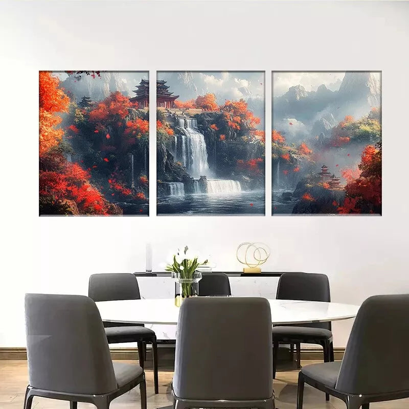 3-Piece Autumn Waterfall Chinese Landscape Wall Art Set - Framed Canvas 50x70cm (19.7x27.6in) - High Quality Print, 100% Australian Made - Ready to Hang - Perfect for Living Room, Bedroom, Office & Home Decor
