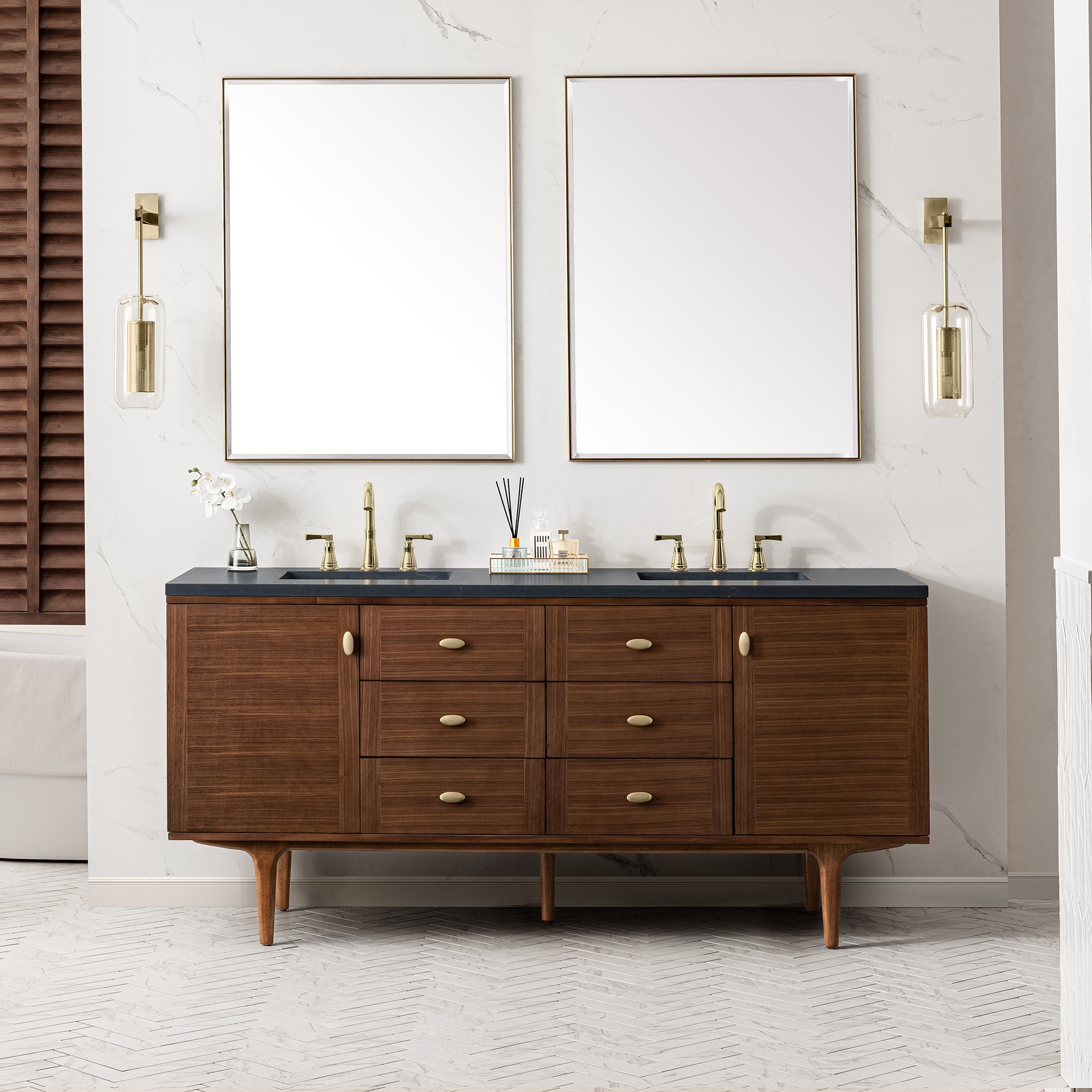 Amberly 72 Inch Double Bathroom Vanity - Mid Century Modern Walnut Wood with 3CM Charcoal Soapstone Countertop | Perfect for Master Bathroom Renovation & Luxury Home Upgrade