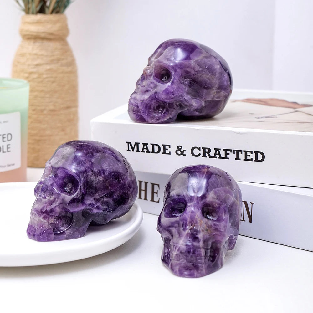 Hand Carved Natural Amethyst Crystal Skull Statue - Feng Shui Healing Decor, Reiki Energy Stone, Unique Home & Desk Ornament - Perfect for Meditation Spaces, Spiritual Gifts & Crystal Collections