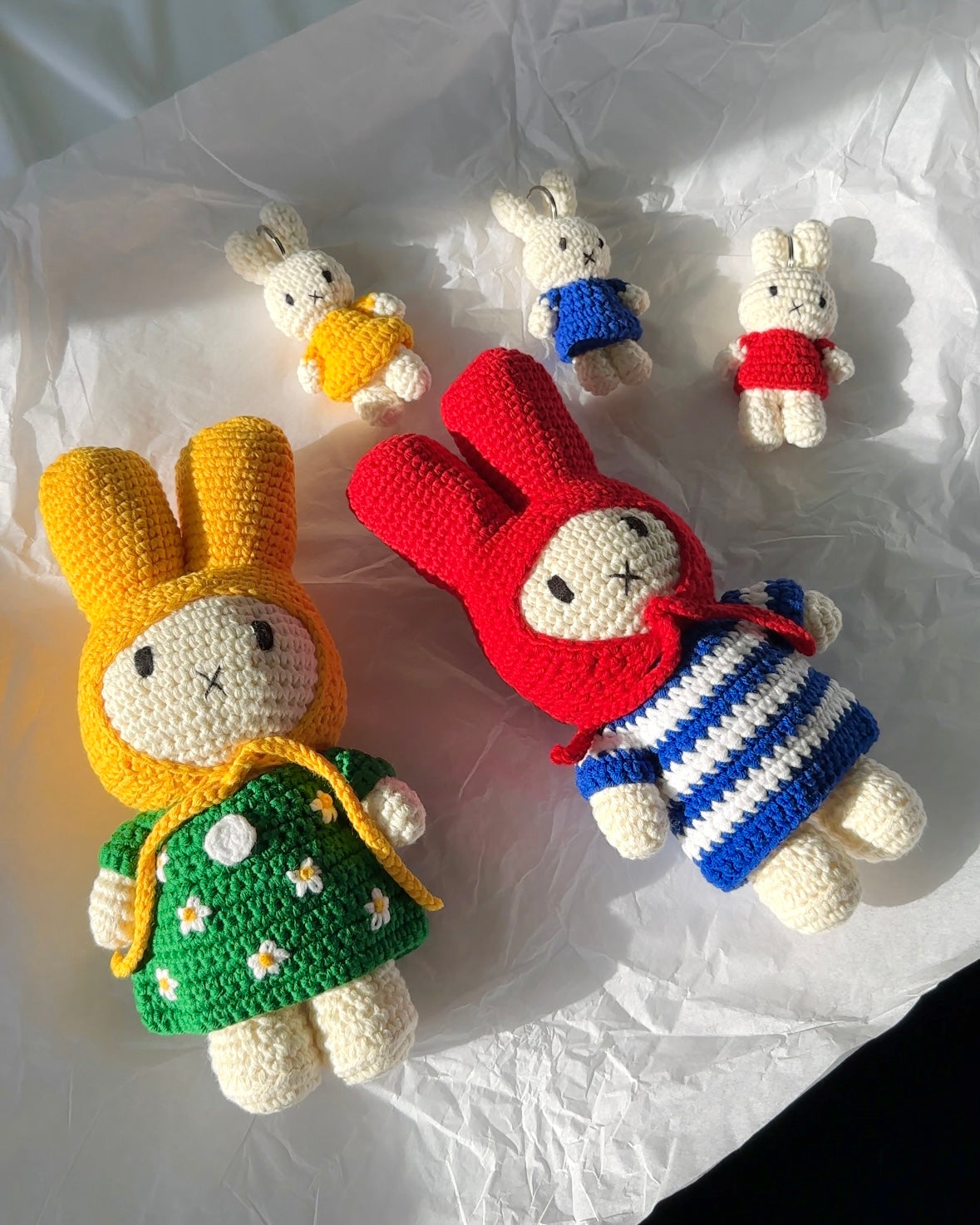 Handmade Miffy Crochet Plush Toy with Striped Dress & Red Bonnet - Kawaii Nautical Decor, Dutch Collectible Gift for Kids & Adults | Nursery Decor, Birthday Present, Anime Lover Gift