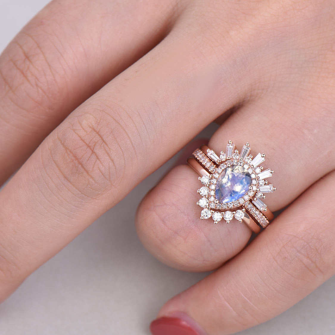 Vintage Pear Shaped Rainbow Moonstone Engagement Ring & Wedding Band Set - Elegant Bridal Jewelry for Proposals, Anniversaries & Special Occasions