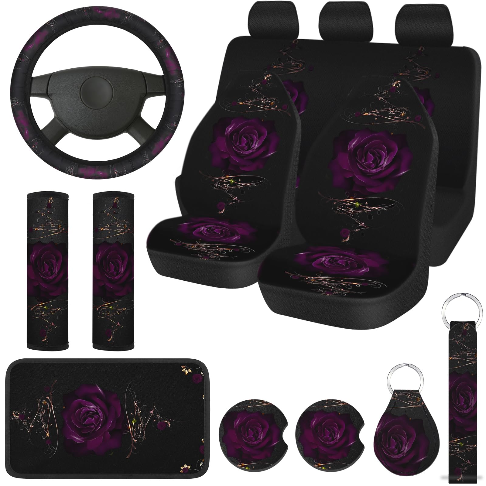 15-Piece Rose Flower Car Seat Cover Set for Women - Universal Fit with Steering Wheel, Armrest & Seatbelt Covers - Front & Rear Backrest Protectors - Soft Polyester Fabric (Purple) - Perfect for Daily Commute, Road Trips & Car Interior Decoration
