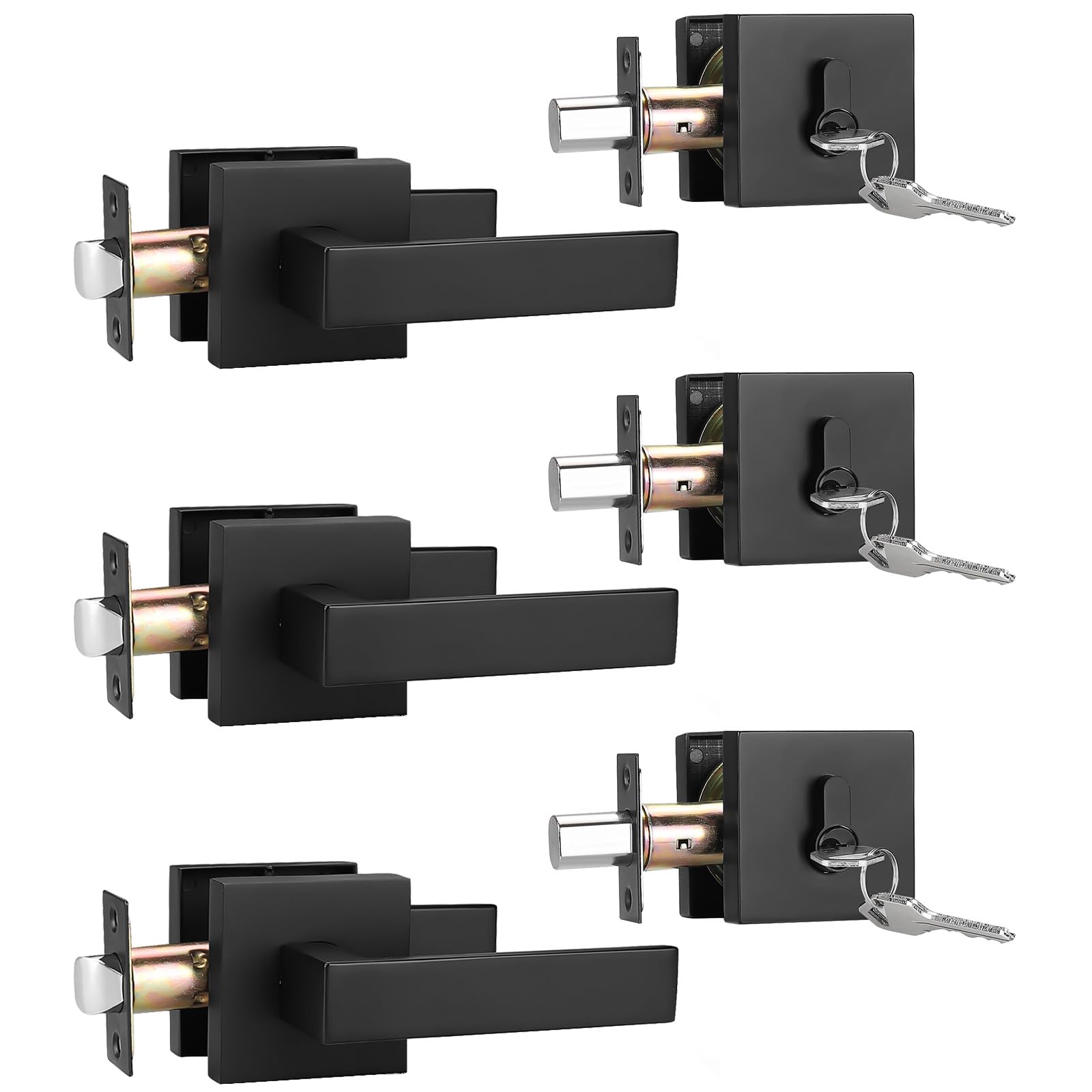 3 Pack Keyed Door Lockset with Deadbolt - Matte Black Square Handleset for Home Security (Bedroom/Front Door)