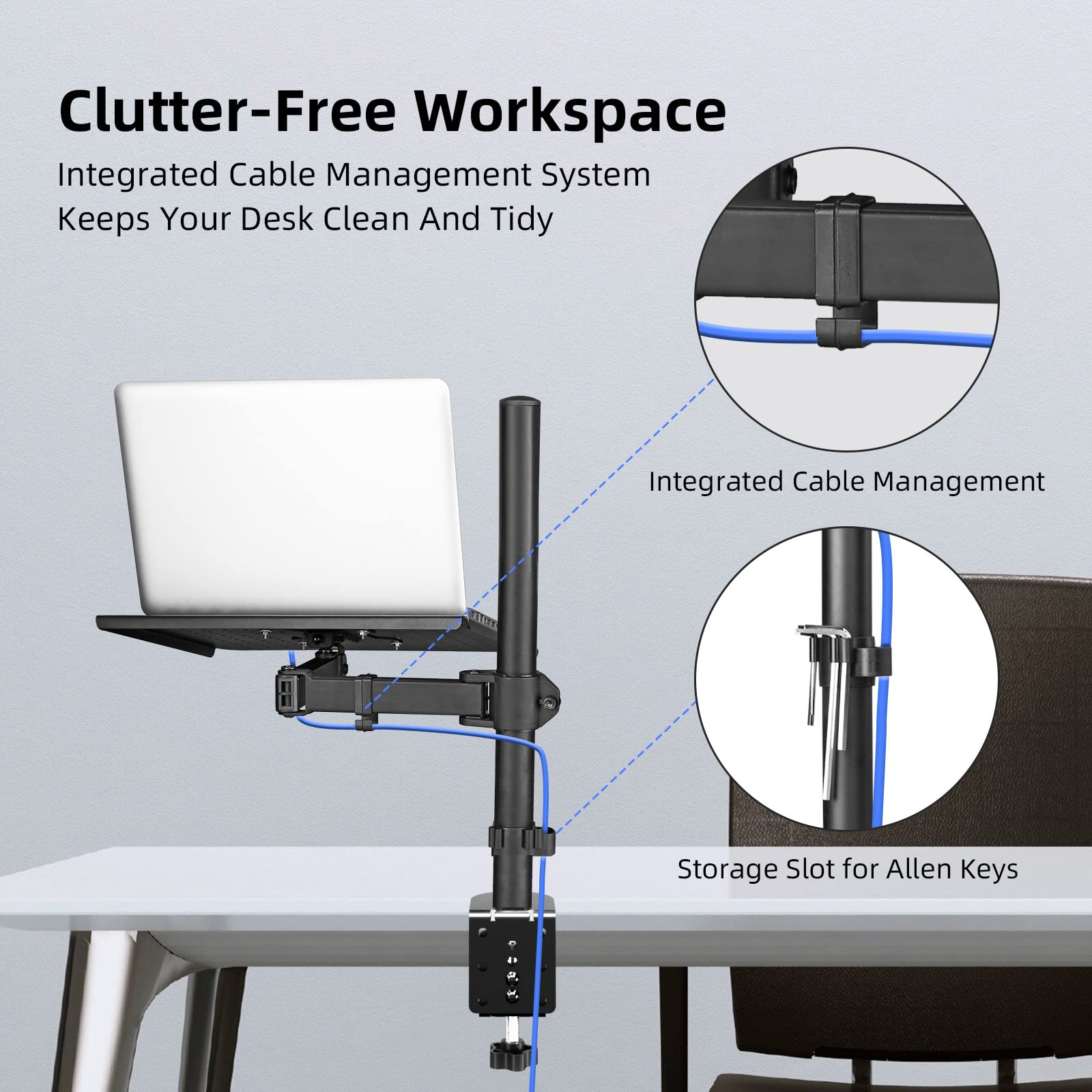 Suptek Adjustable Laptop Desk Mount Stand with Tray - Ergonomic Monitor Arm for 13-27 Inch Screens, Supports Notebooks up to 17
