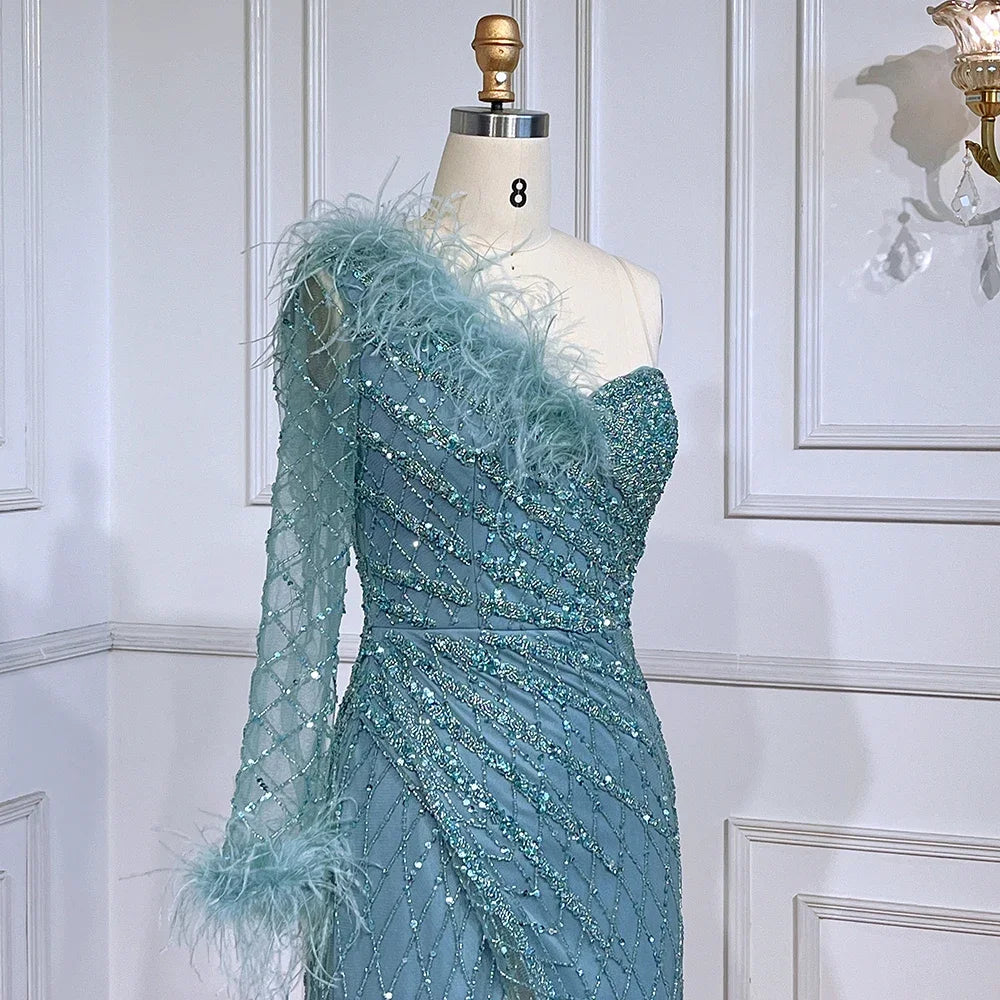 Elegant Blue One Shoulder Mermaid Evening Dress with Beaded Feather Details - Luxury Women's Formal Gown for Prom, Wedding & Special Occasions - Serene Hill Collection LA71612