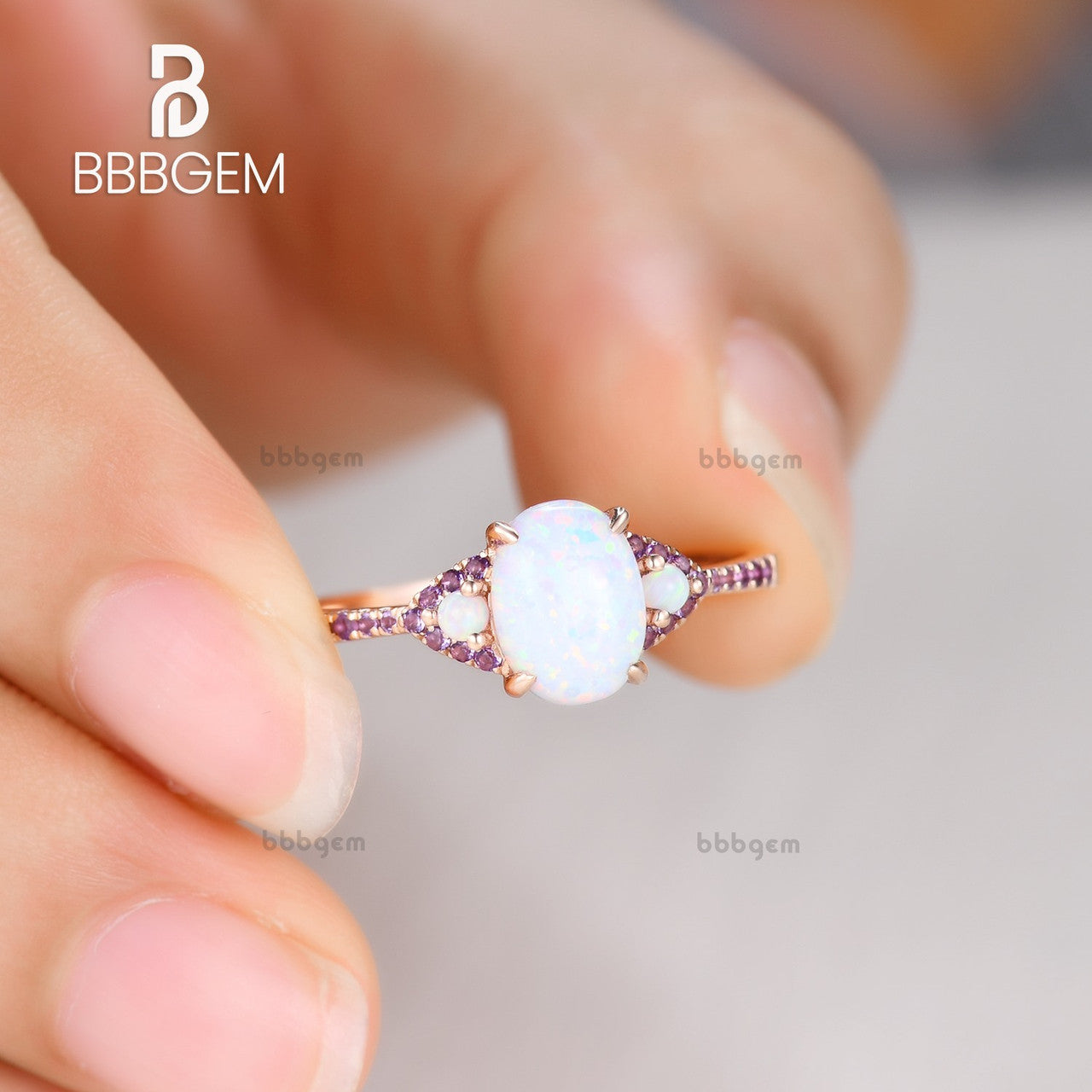 14K Oval Created Opal & Amethyst Halo Three-Stone Engagement Ring for Women | Vintage Inspired Wedding Band, Promise Ring, Anniversary Gift for Her