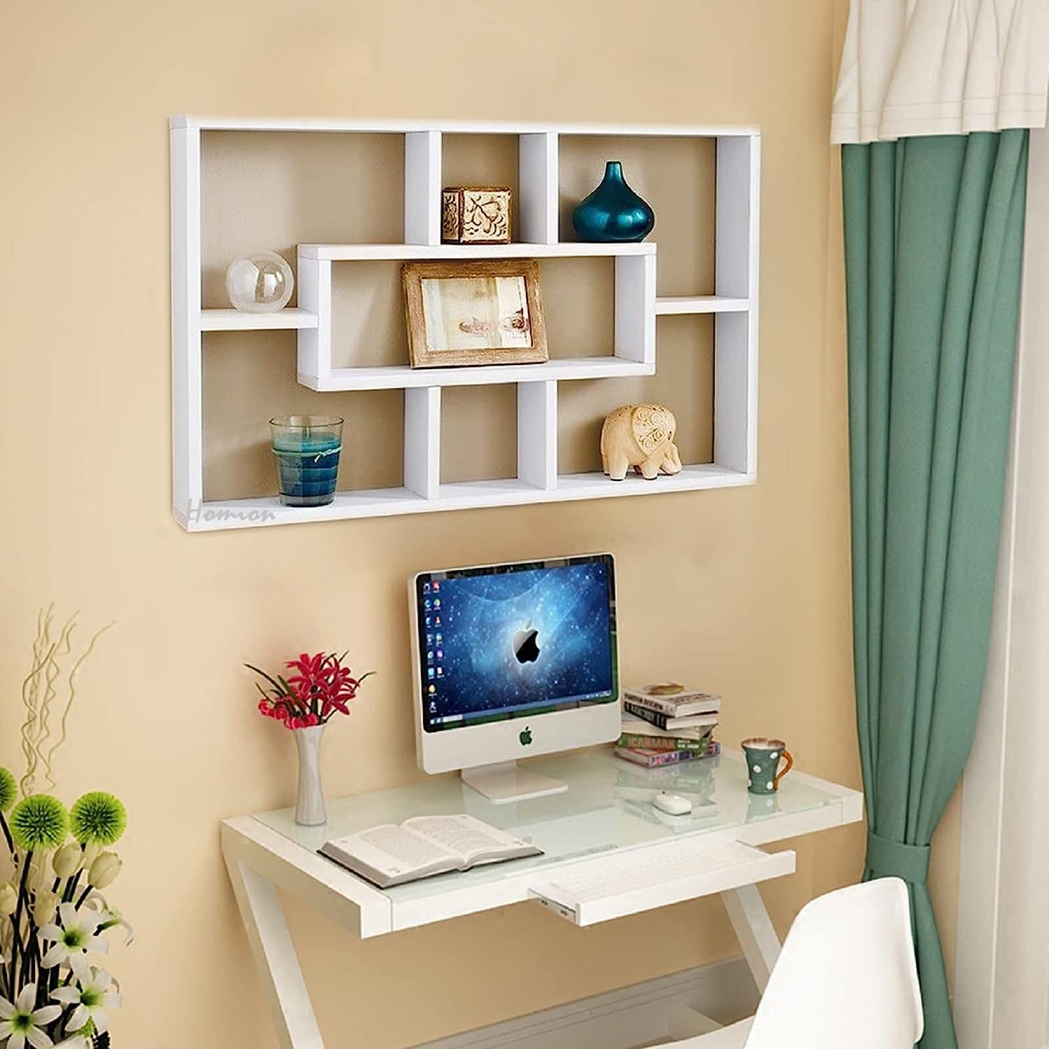 HOMION 7-Tier Floating Shelves Wall Mounted, Space Saving Bookshelf with Multi-Compartment Storage - White Display Shelf for Living Room, Bedroom, Office Organization & Decoration