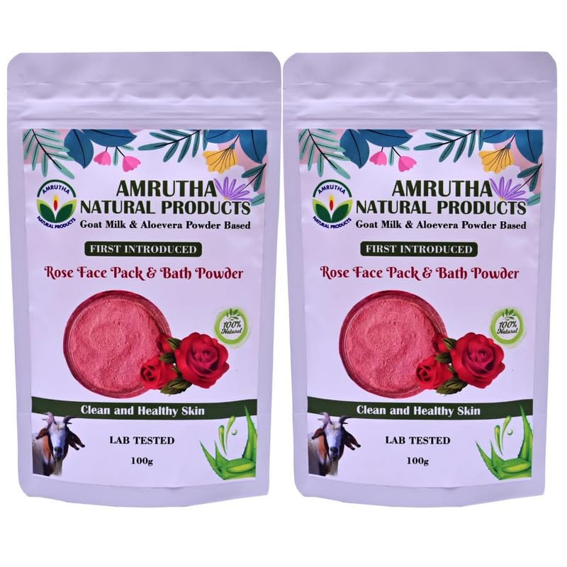 **Amrutha Natural Goat Milk & Aloe Vera Powder with Rose Extract Face Pack & Bath Powder – Cleanses Skin, Reduces Pimples, Acne, Marks & Scars – Suitable for All Skin Types – 100g (Pack of 2) | Perfect for Daily Skincare & Relaxing Baths**
