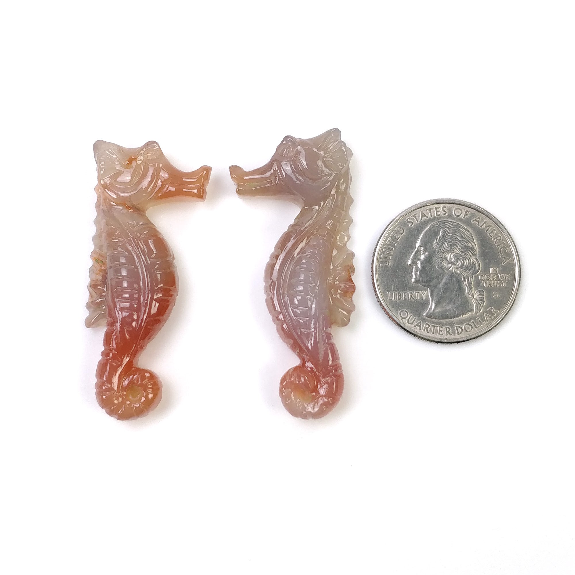 Natural Untreated Orange Agate Gemstone Carving - 83.15cts Hand Carved SEA HORSE (46.5x20mm & 48x21mm) 2pcs - Perfect for Jewelry Making, Crystal Healing & Home Decor