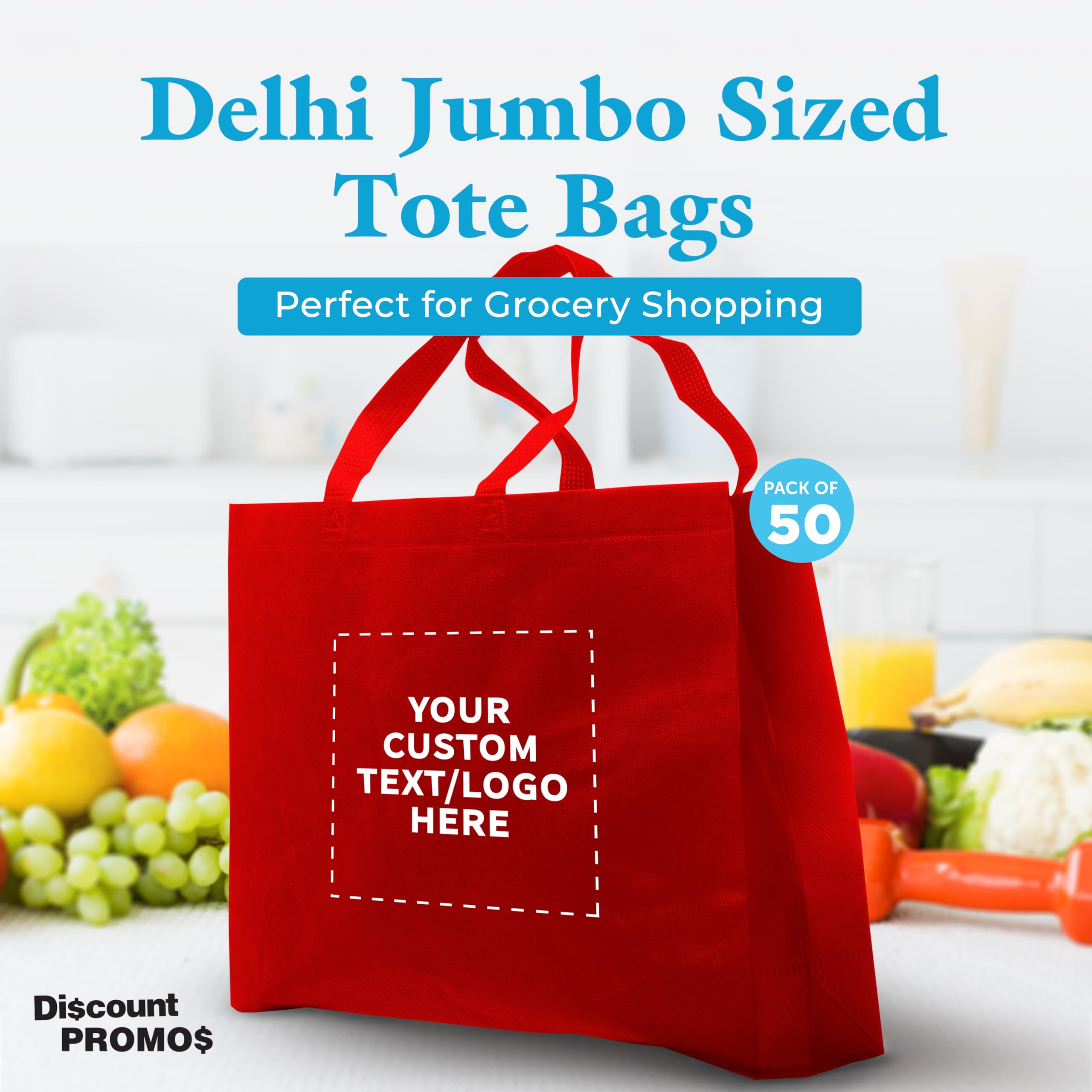 Custom Jumbo Reusable Tote Bags - Bulk Pack of 50 Personalized Grocery & Shopping Bags - Eco-Friendly Promotional Gift for Women (Red) - Perfect for Retail Stores, Events, and Brand Giveaways