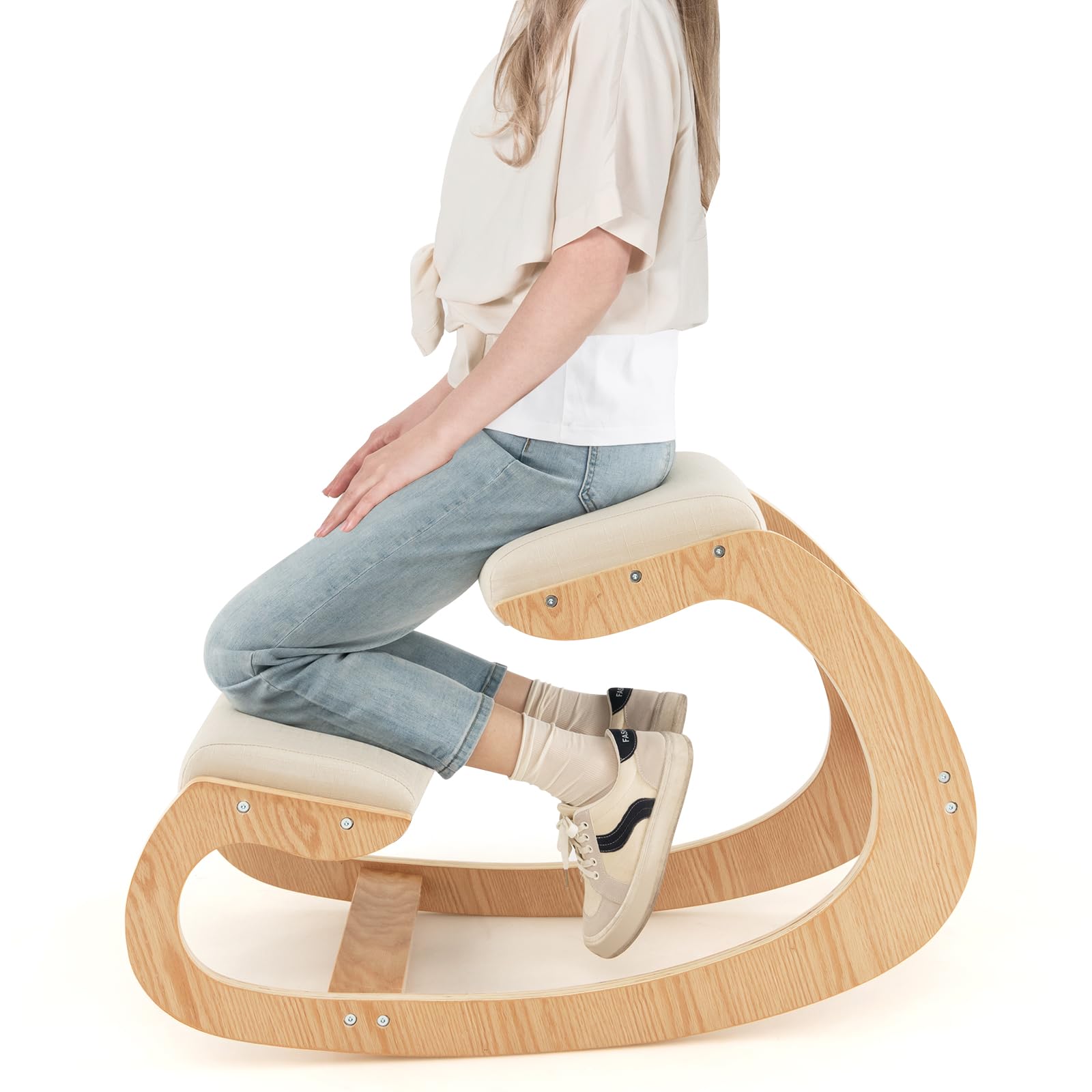 Giantex Ergonomic Kneeling Chair with Cushion - Solid Wood Posture Chair for Office, Home & Study - 330 lbs Weight Capacity - Comfortable Rocking Kneel Chair for Better Posture (White) - Perfect for Long Work Hours, Meditation & Back Pain Relief