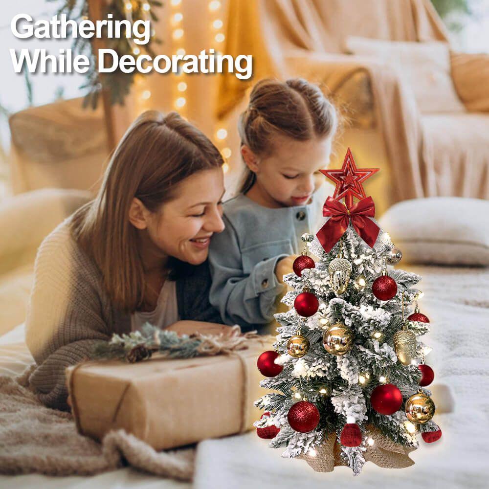 22in Flocked Snow Tabletop Christmas Tree with LED Lights - Mini Artificial Red Xmas Tree Decor for Home, Office, Party & Holiday Decoration | Perfect for Tabletops, Desks, Mantels & Holiday Displays