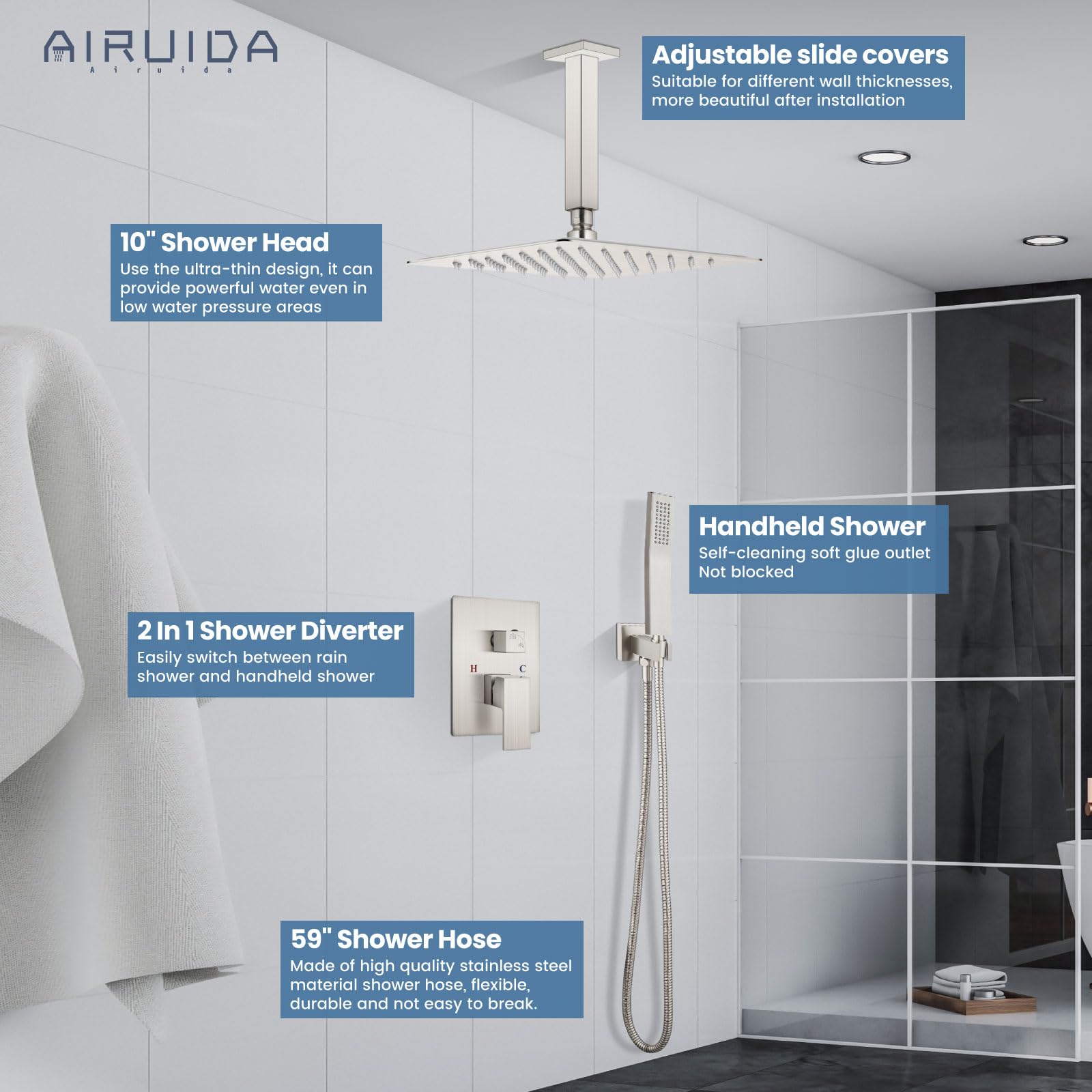 Airuida Brushed Nickel Ceiling Mount Shower System - 10 Inch Square Rainfall Shower Head with 2-Function High Pressure Combo, Brass Rough-in Valve & Handheld Shower Faucet Set for Luxurious Spa-Like Bathroom Experience
