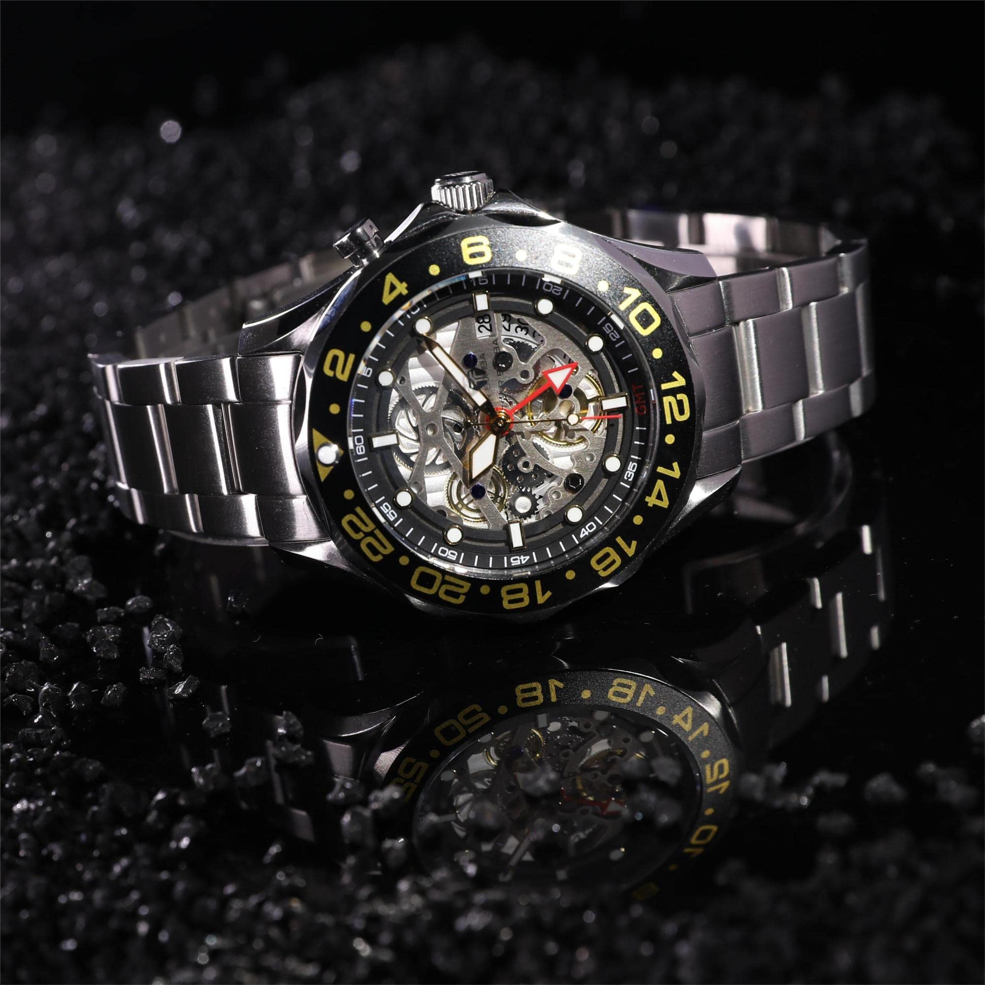 Luxury Automatic Square Tonneau Men's Watch - 50M Waterproof Skeleton Mechanical Silver Wristwatch with Silicone Strap | Stylish & Unique Design for Business, Casual & Formal Occasions