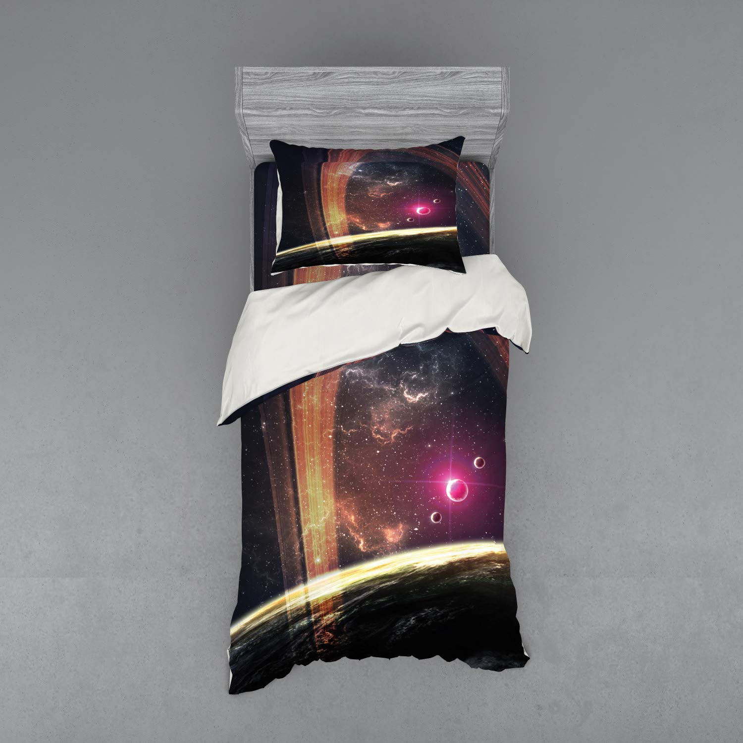 Ambesonne Galaxy Bedding Set - Twin XL 3-Piece Duvet Cover Set with Pillow Sham & Fitted Sheet, Deep Space Planets Nebula Stars Sci-Fi Print, Dark Grey Magenta - Perfect for Astronomy Lovers & Space-Themed Bedrooms