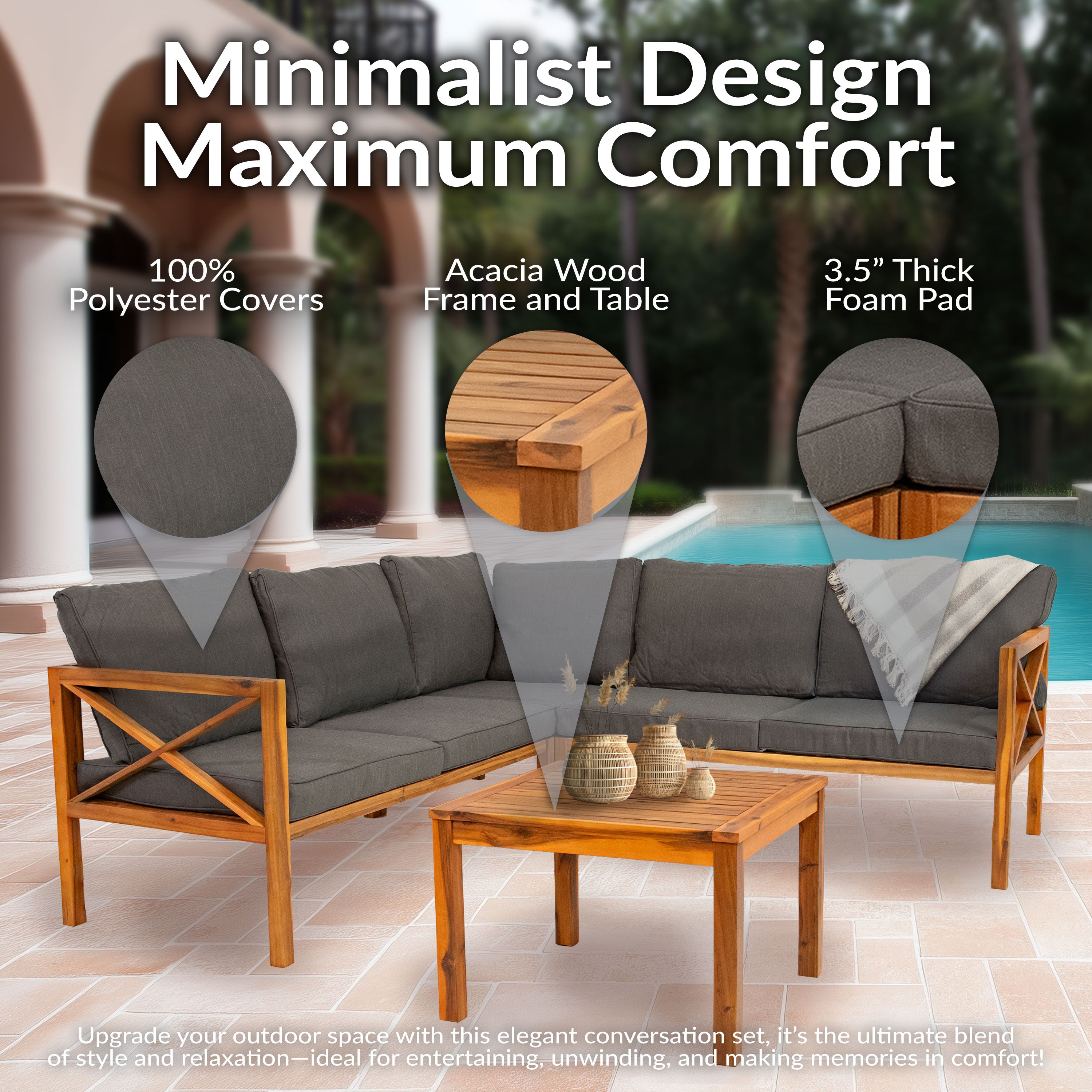 Sunnydaze 4-Piece Wood Patio Furniture Set - L-Shaped Outdoor Sofa with Cushions, Perfect for Backyard, Garden, and Poolside Relaxation