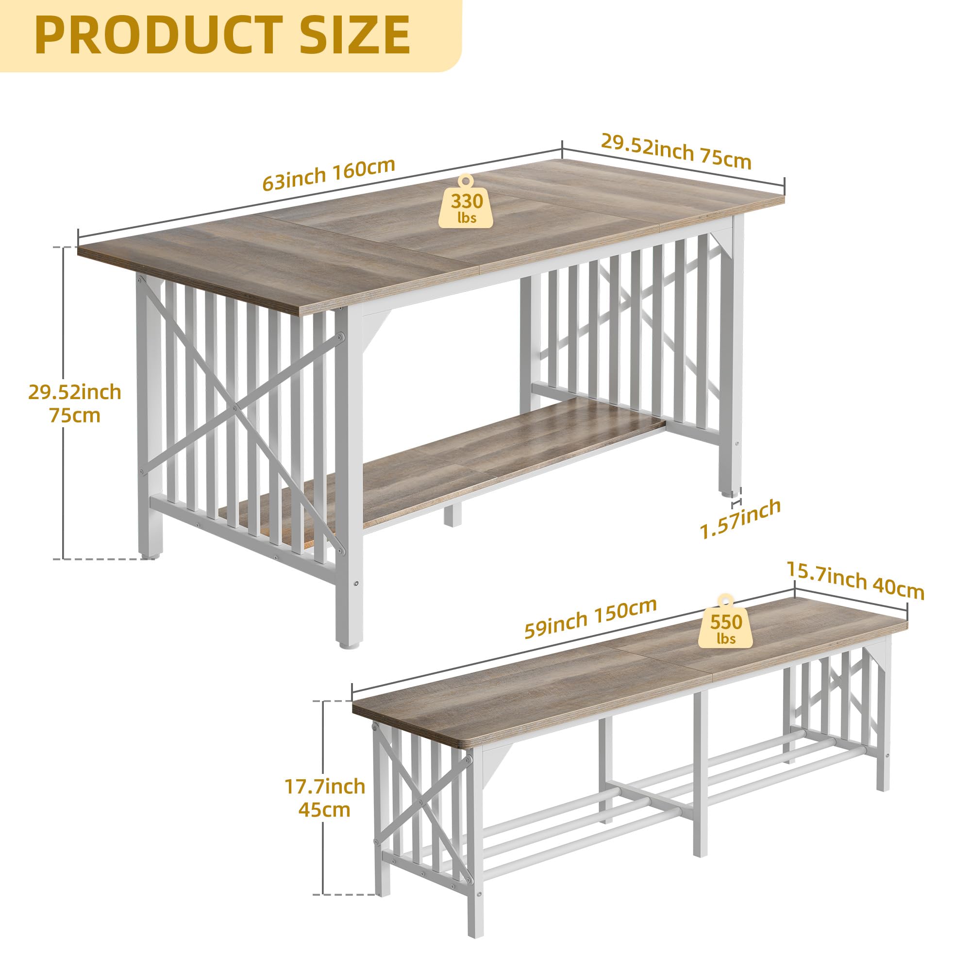 DWVO 3-Piece Industrial Dining Table Set with Storage - 63