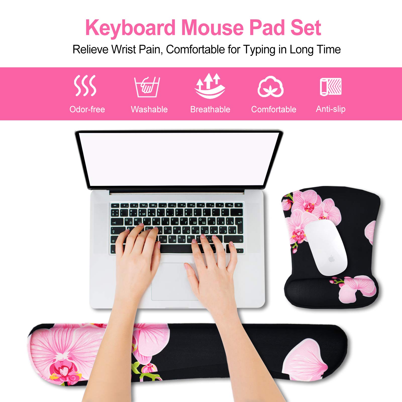ARTSO Ergonomic Keyboard Wrist Rest & Mouse Pad Set with Memory Foam - Comfortable Wrist Support for Pain Relief, Durable Pink Orchid Butterfly Design - Perfect for Office, Gaming, and Long Computer Work Sessions