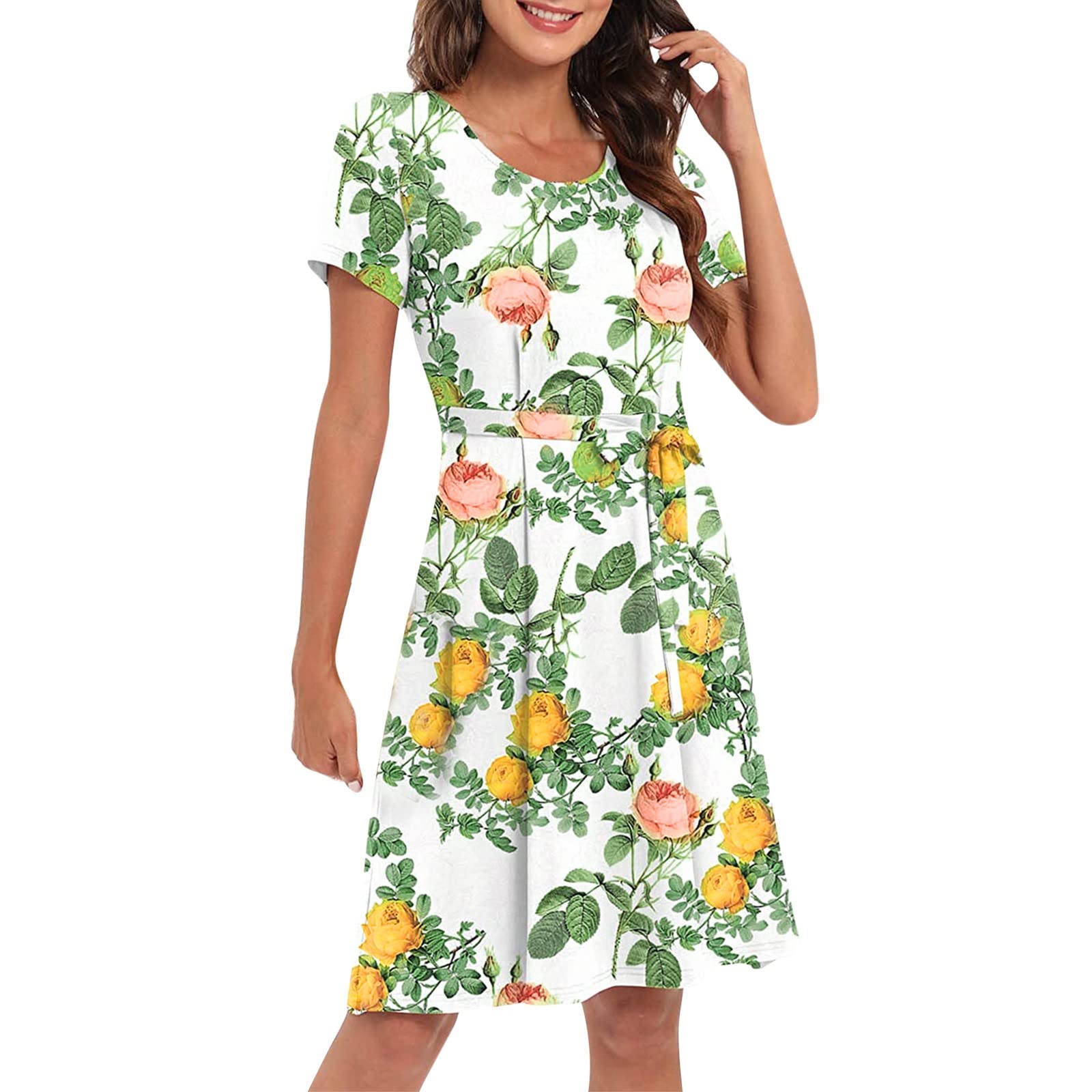 Women's Summer Dresses - Short Sleeve Floral Print Boho Mini Swing Dress with O-Neck | Casual Beach Wear, Vacation Outfit, Party Dress for Women