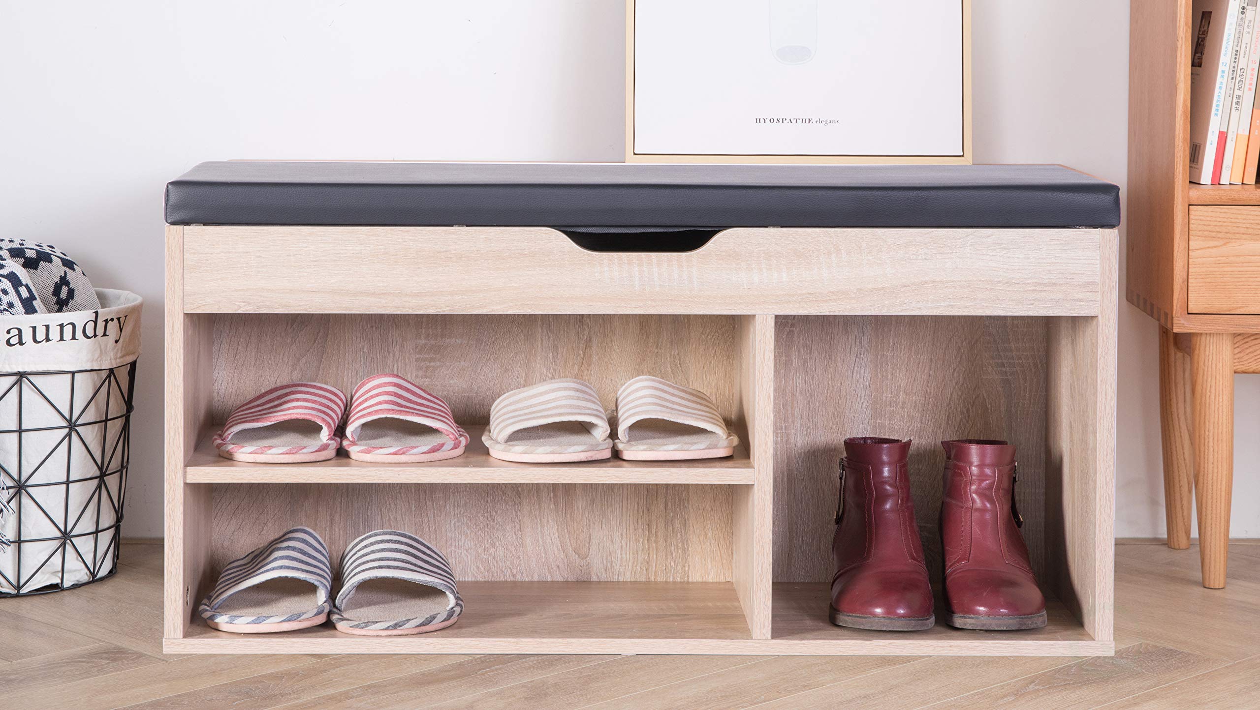 Basicwise Solid Oak Entryway Storage Shoe Rack with Bench Seat - Space Saving Organizer for Shoes, Boots & Outdoor Gear - Perfect for Hallway, Mudroom or Apartment Entryway