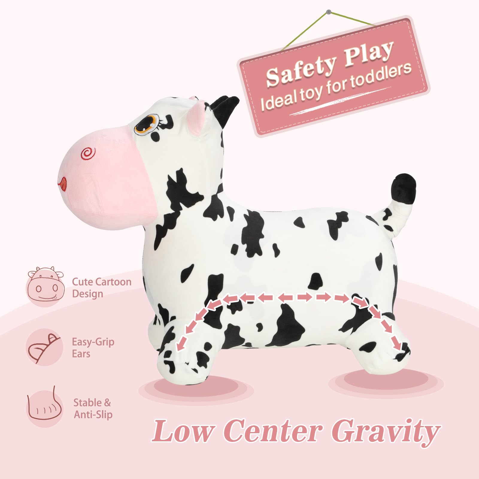 INPANY Bouncy Cow Hopping Toy - Farm Animal Ride-On Plush Inflatable Jumping Horse for Toddlers 2-4 Years Old | Indoor & Outdoor Bouncer for Kids Birthday Gifts | Perfect for Playtime, Parties & Active Play Development